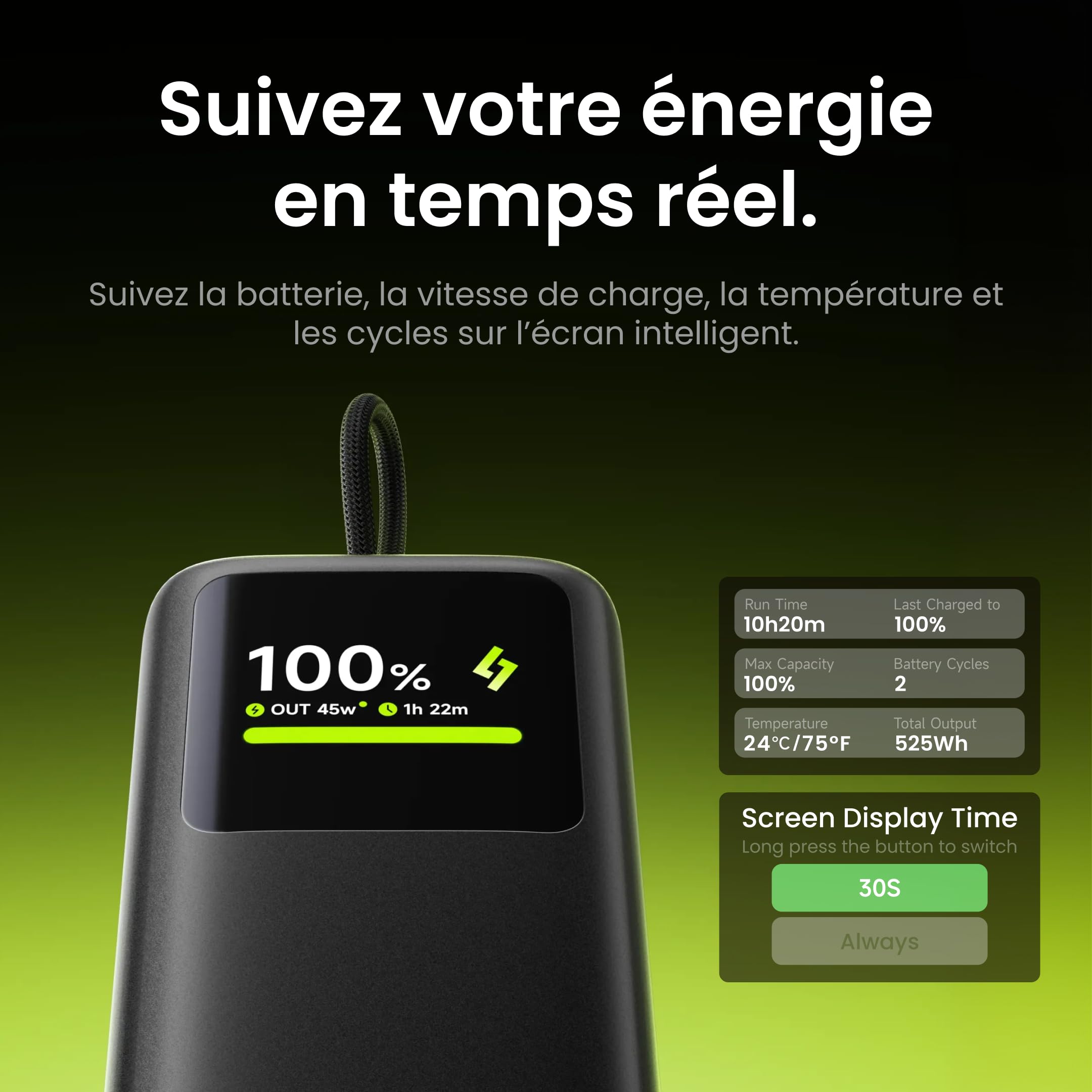 sharge 45W Fast Charging Power Bank, Batterie Externe 10000mAh avec câble USB-C rétractable intégré, écran Intelligent et Charge Rapide 45W pour iPhone 17/16, iPad et MacBook Air