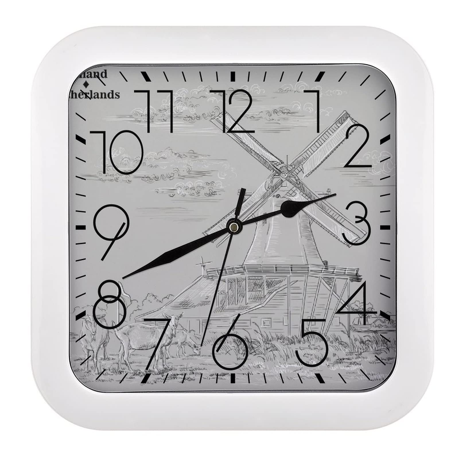 Horloge murale carrée moulin à vent décorative grand chiffre salon chambre 26cm