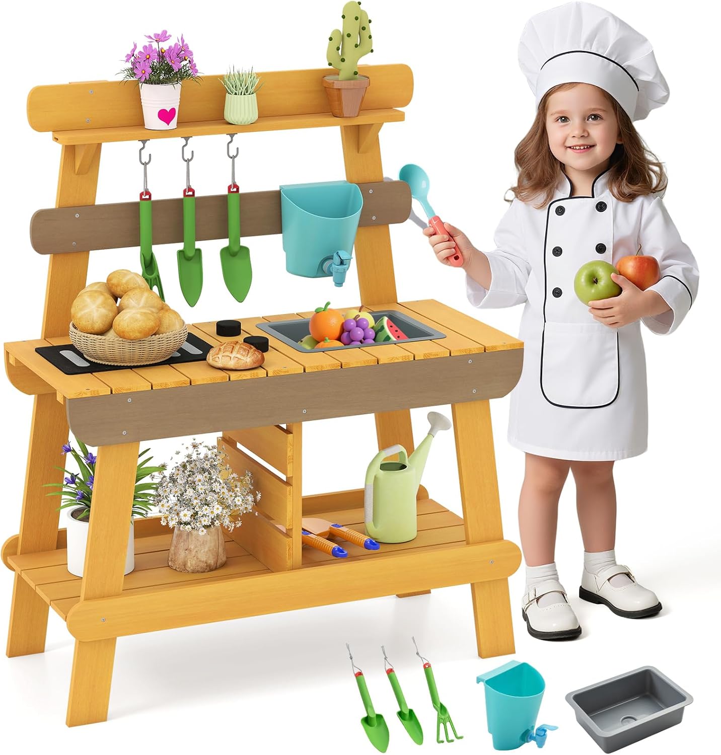 Costzon Mud Kitchen for Kids Outdoor, Montessori Pretend Playset w/Removable Faucet, Sink, Grill Rack, Gardening Accessories & Storage Shelves, Wooden Play Kitchen for Boys Girls Aged 3-8