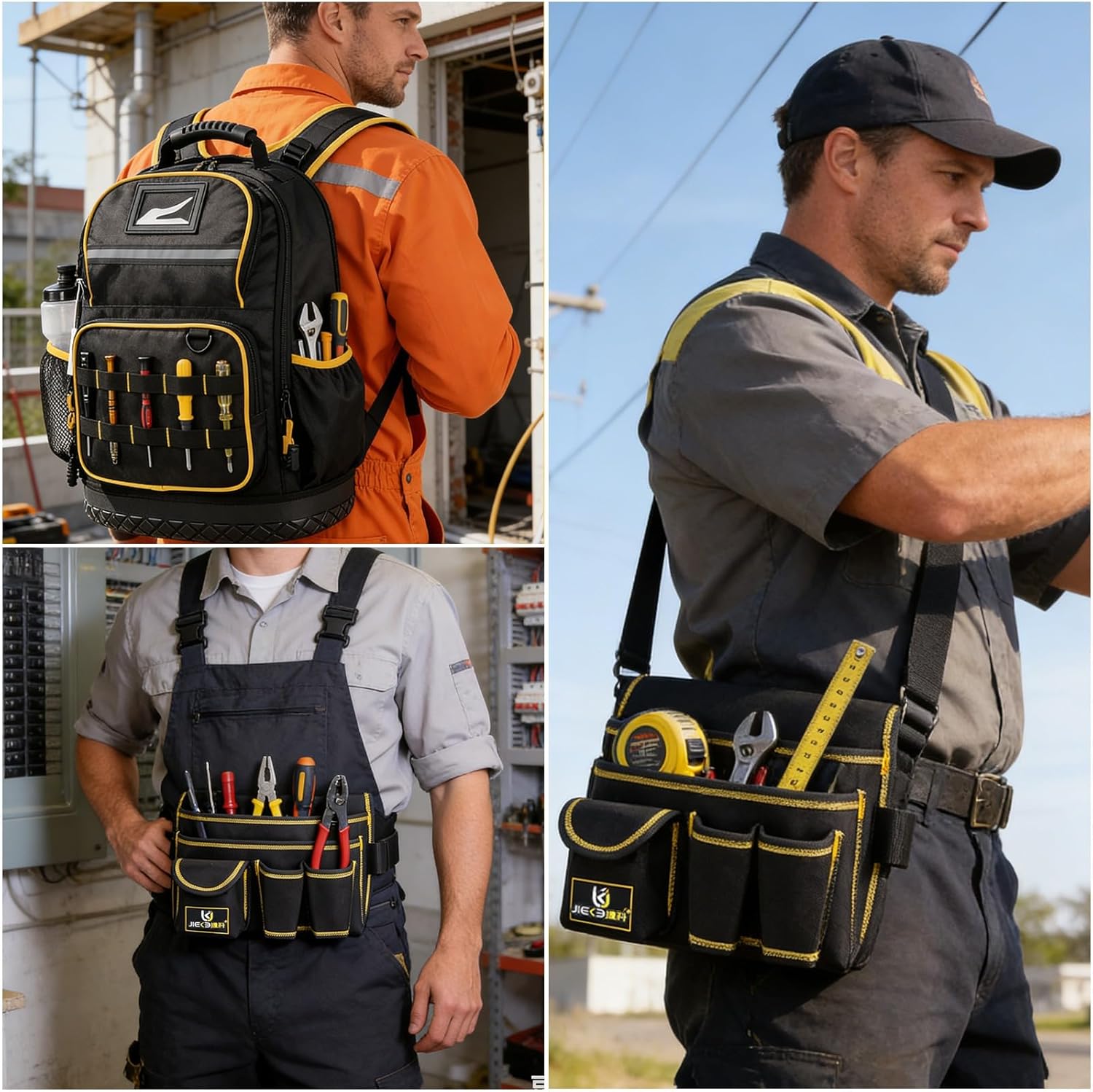 Heavy Duty Tool Backpack & Tool Belt Combo - Waterproof Hard Base, Laptop Sleeve & Multi-Pocket Tool Pouch, Black-Yellow for Electricians, Construction Workers, Job Site, Home Repair & DIY Projects