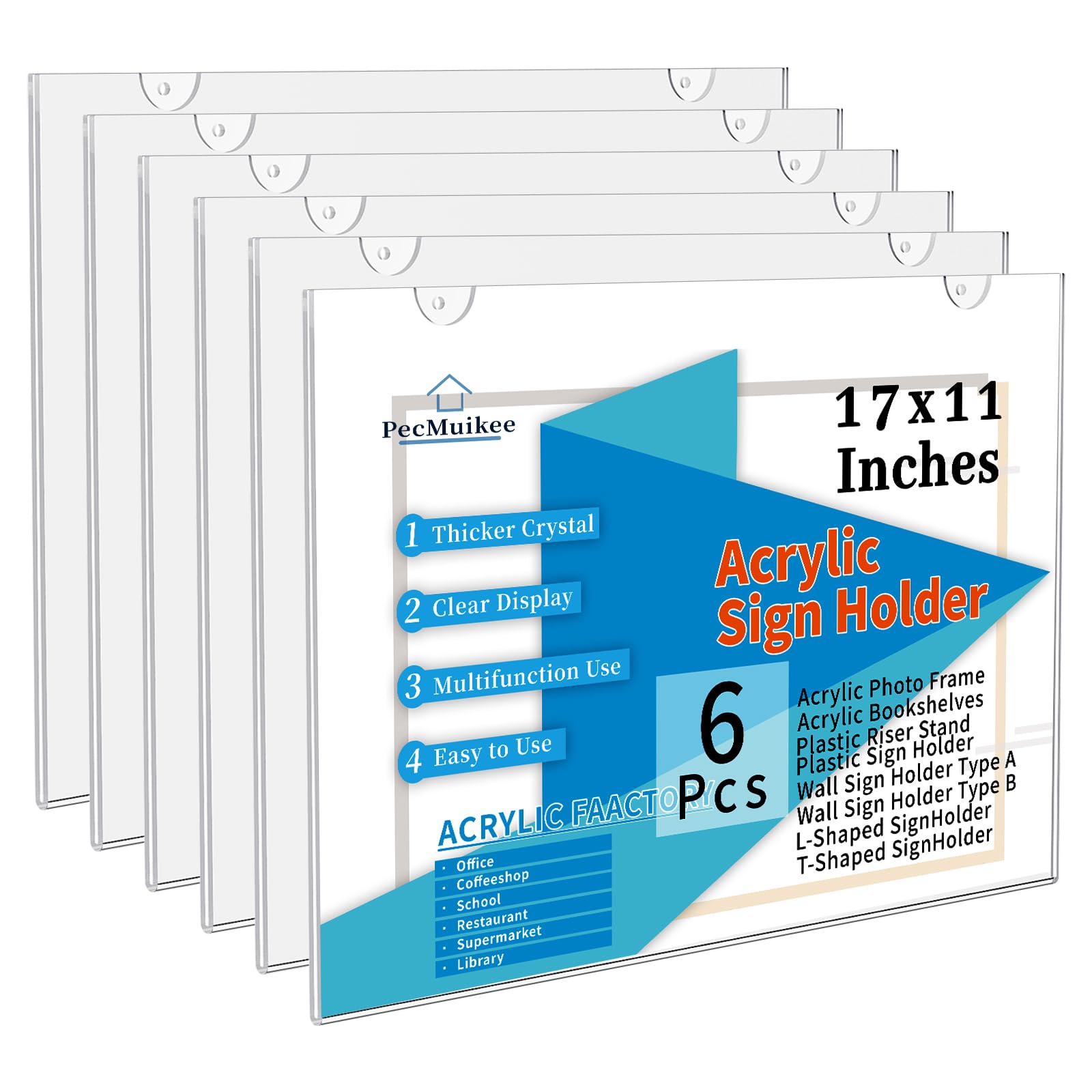 PecMuikee Acrylic Sign Holder 17 x 11 Inch, Wall Mount Sign Holders Clear Plastic Picture Frame with Adhesive Tapes and Mounting Screws for Office,