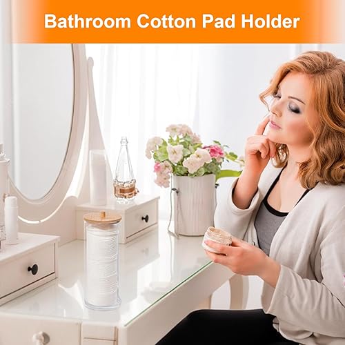 Miniatura 5 de AIMIXUN 2 piezas de soporte redondo de algodón, soporte de almohadilla de algodón con tapas de bambú, dispensador de almohadillas de algodón para