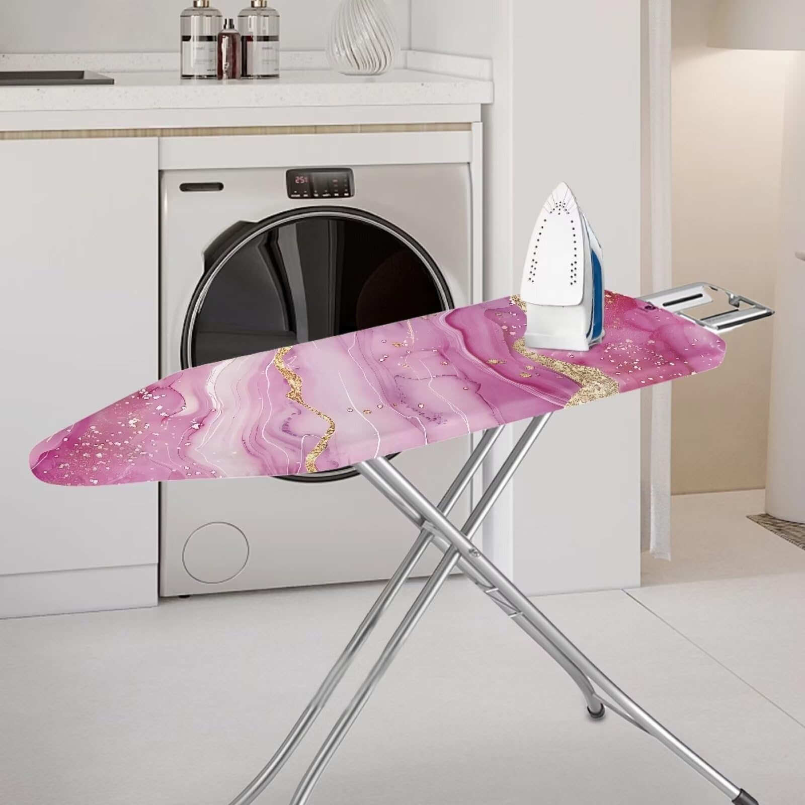 Vanideaoty Pink Marble Ironing Board Cover Heat Reflective Anti-dust, Soft Fabric Cover Scorch Resistant Home Iron Decorations