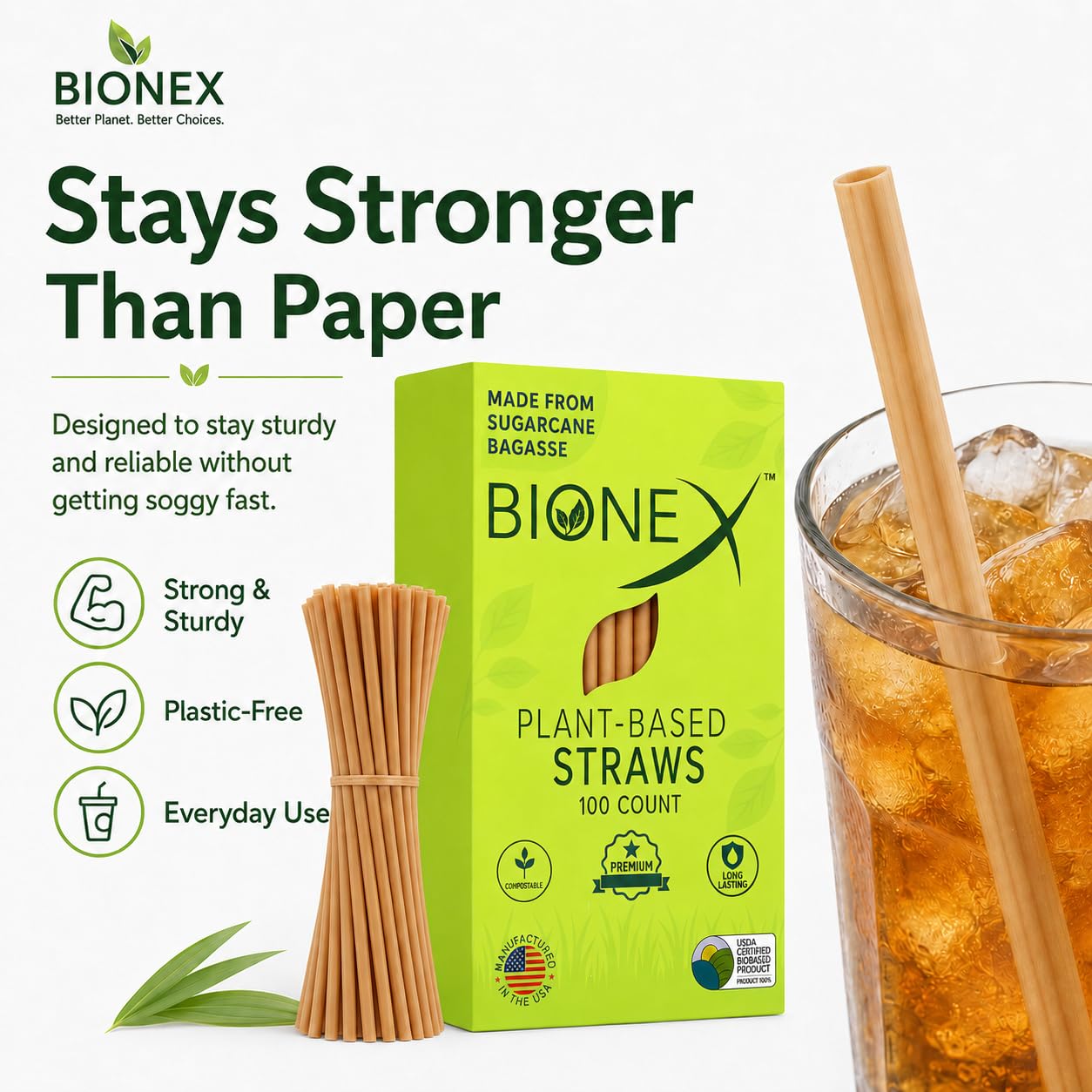 Bionex - Pajitas de caña de azúcar biodegradables, (20,3 cm de longitud), (100 pajas/caja) Alternativa al plástico