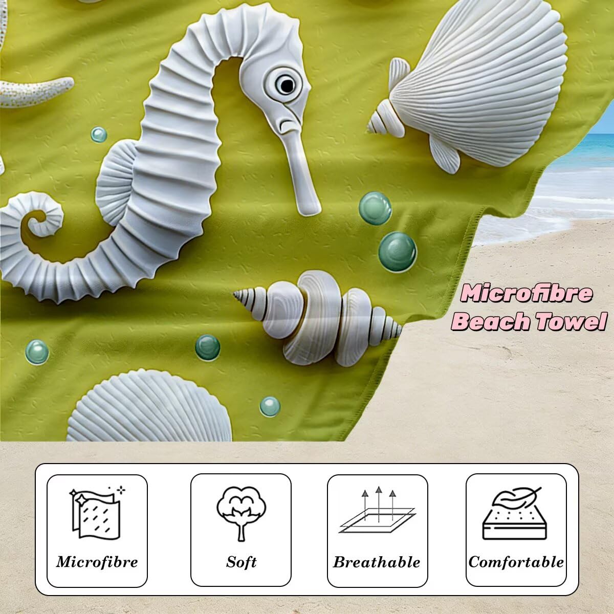 Toalla Playa 80x160 cm, Toalla Gimnasio Microfibra Secado Rapido, Juego de 2 Antiarena Toallas de Playa, Ligera Compacta Toallas Microfibra Grande para Viaje, Regalo Mujer Hombre (Caballito Mar) -3885