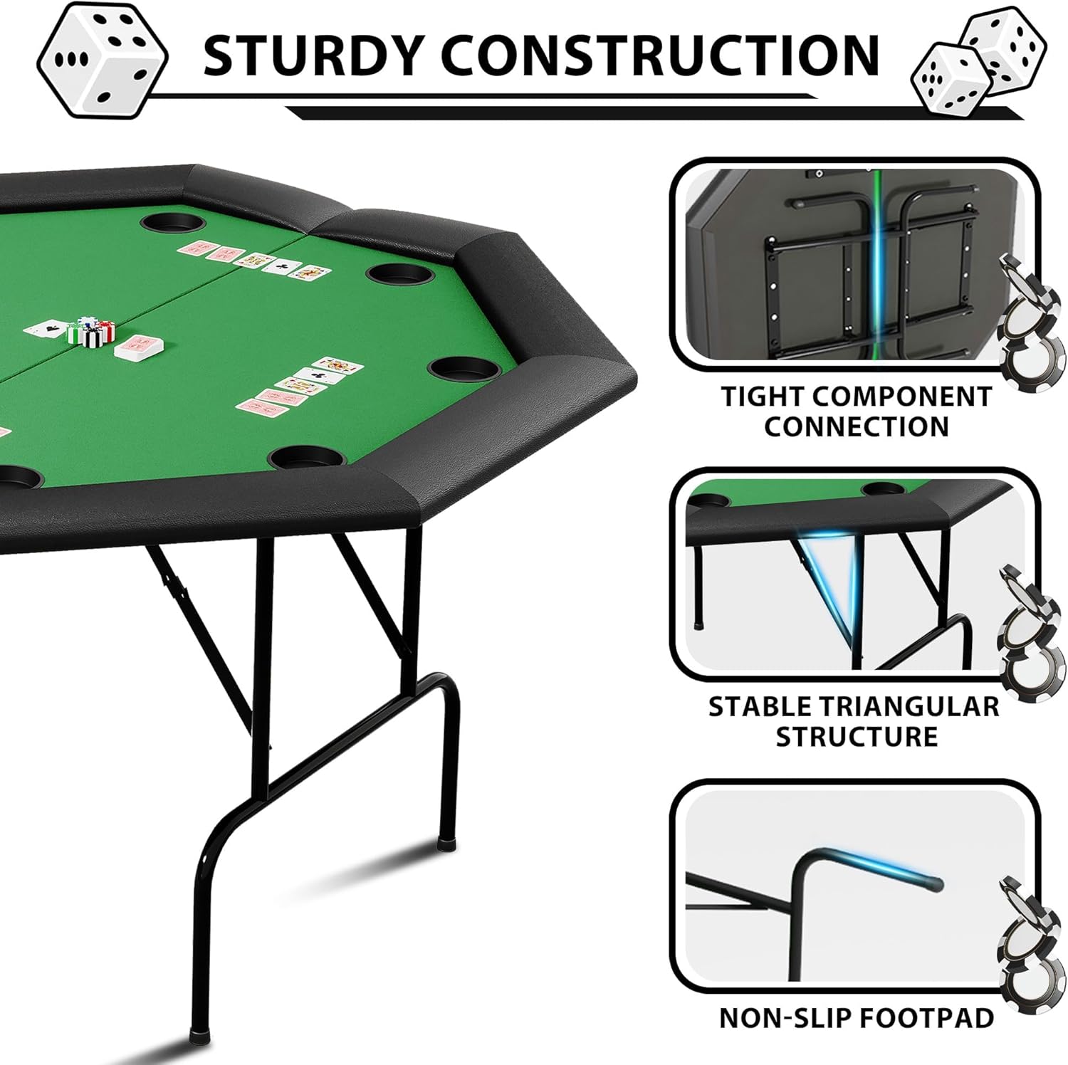 Foldable Poker Table, 8 Players Octagon Texas Holdem Poker Table with Chip Trays & Collapsible Legs, Folding Game Table Easy Assembly