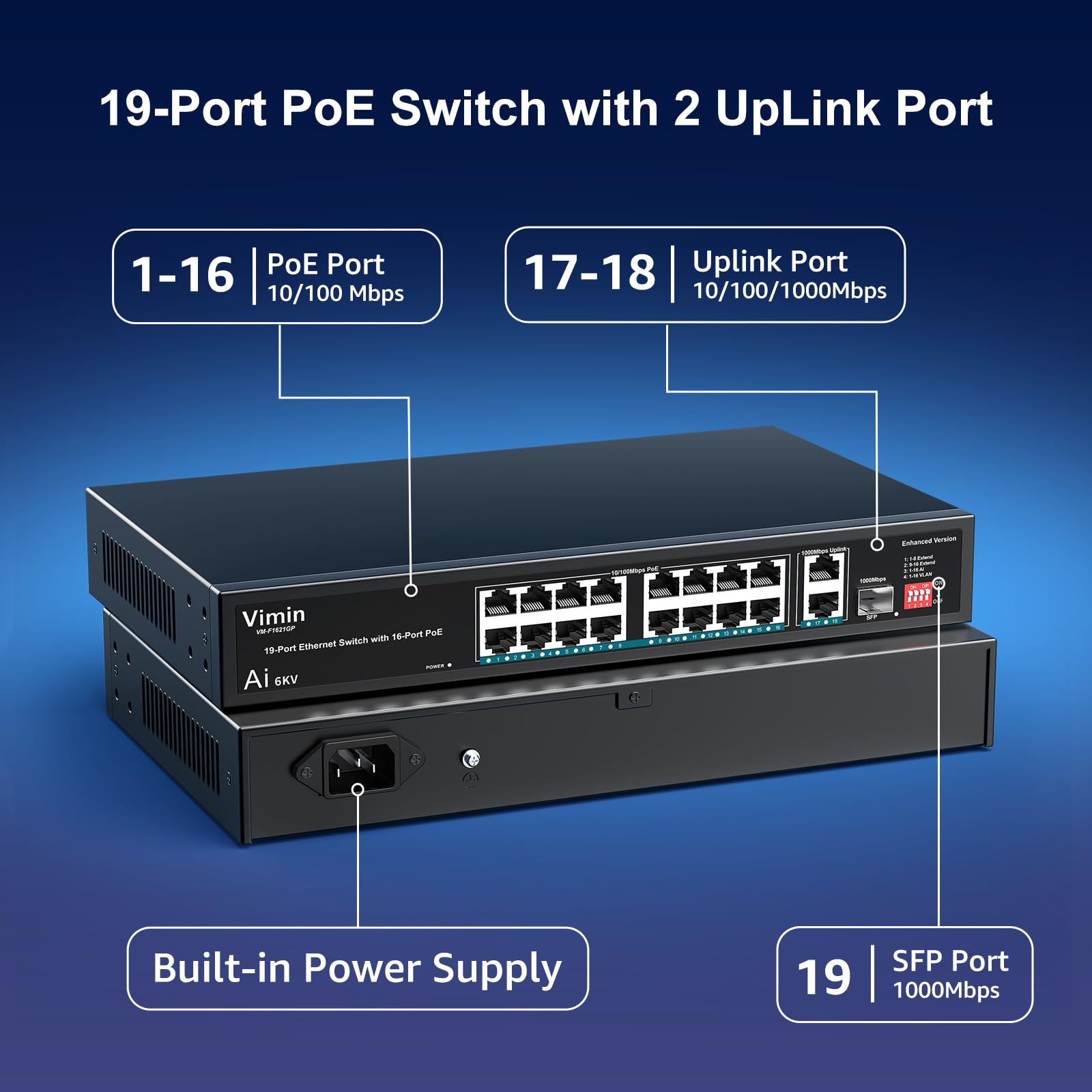 16 Port 10/100Mbps Fast Ethernet PoE Switch+2 Uplink Gigabit Ports+1 SFP, VIMIN 19 Port Unmanaged Switch Gigabit Up to 30W, Total Budget 250W,VLAN, Support IEEE802.3af/at