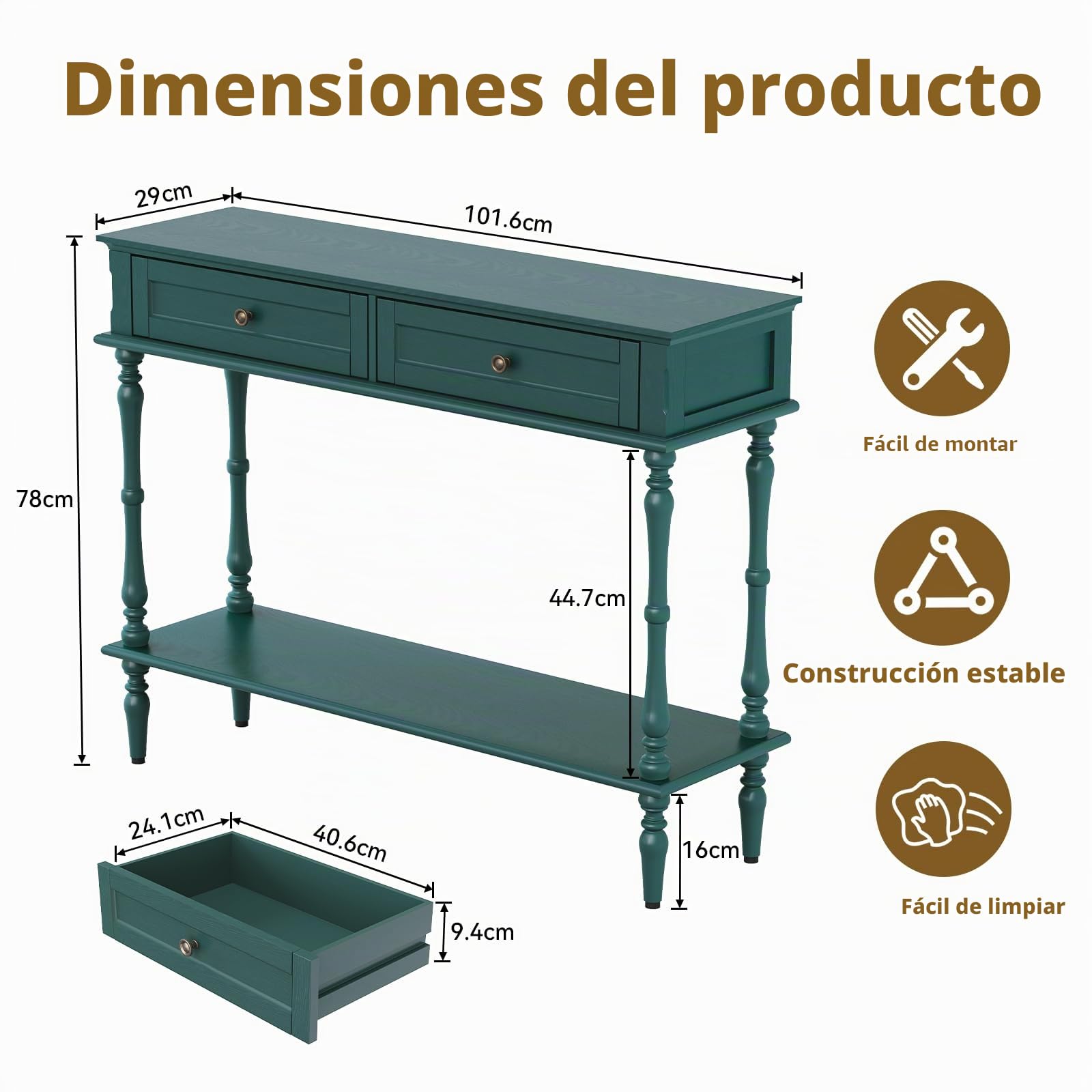 Consola de entrada con cajones, consola estrecha de madera con estante inferior, consola detrás del sofá estilo retro, mueble consola para entrada, pasillo, salón y dormitorio