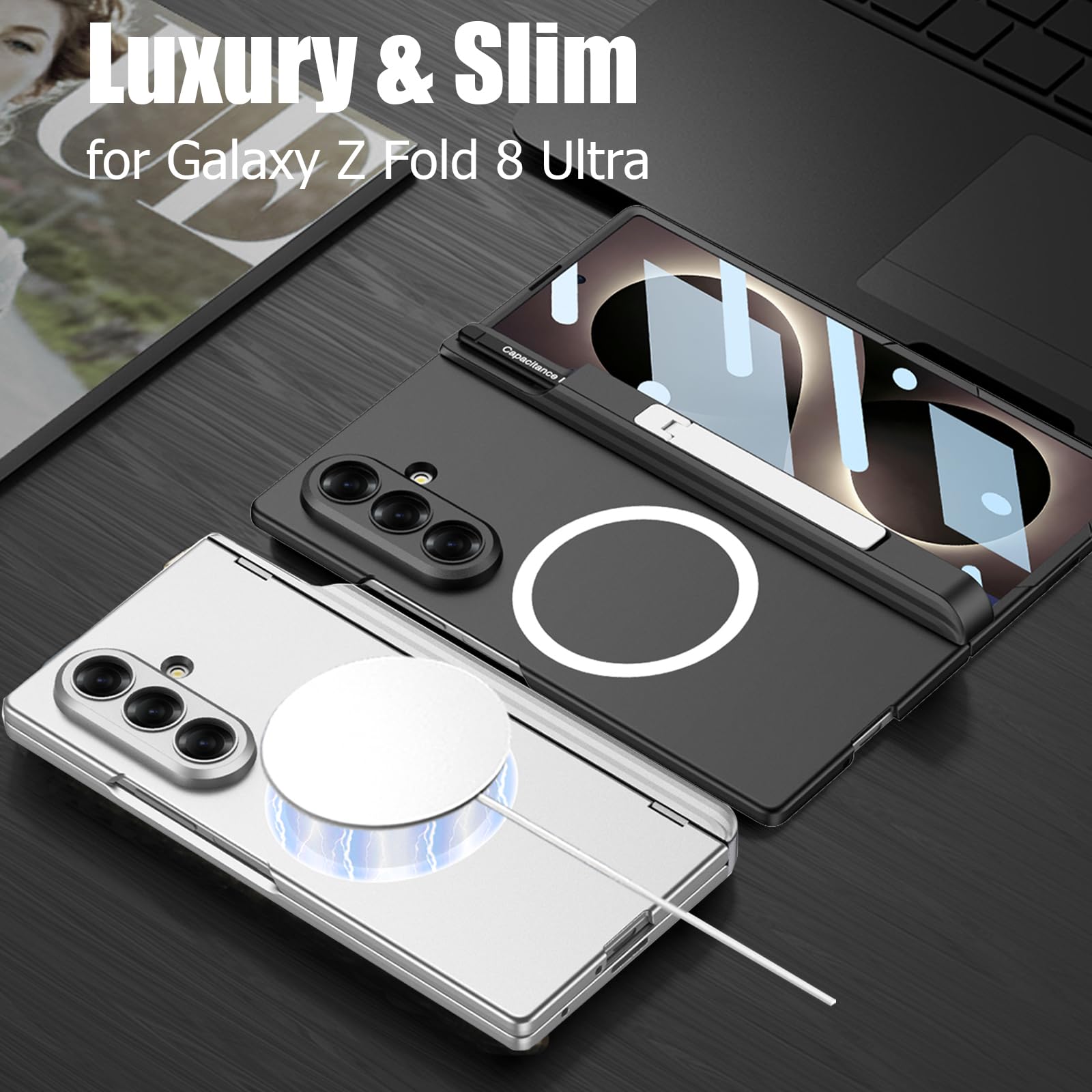 Custodia magnetica per Samsung Galaxy Z Fold 8 Ultra con cavalletto, pellicola protettiva per lo schermo, cerniera magnetica e portapenne, [ricarica wireless compatibile] Cover rigida antiurto in PC