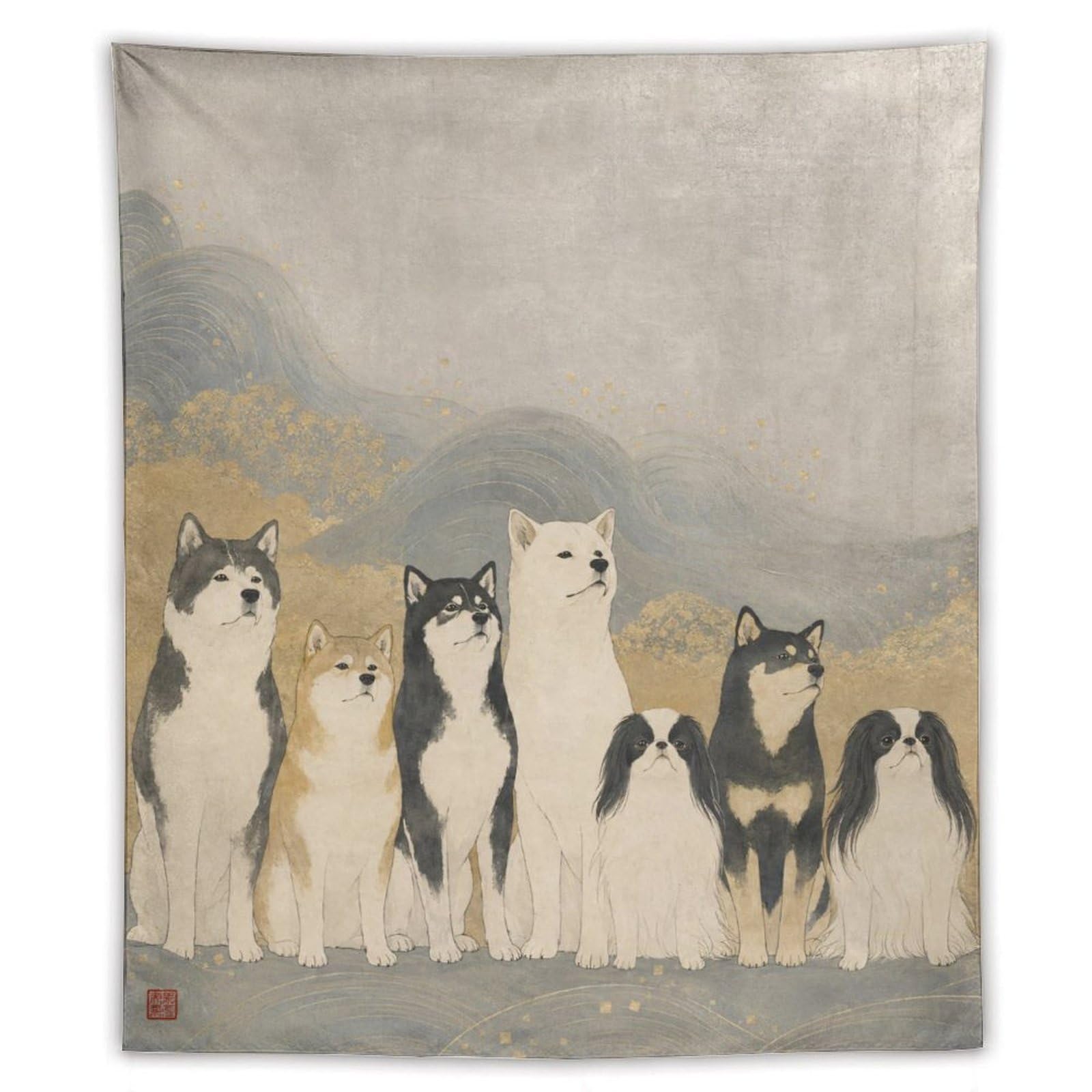 W7C8U2X3 Shiba Inu Group Wall Tapestry, Oil Painting Style, Apartment