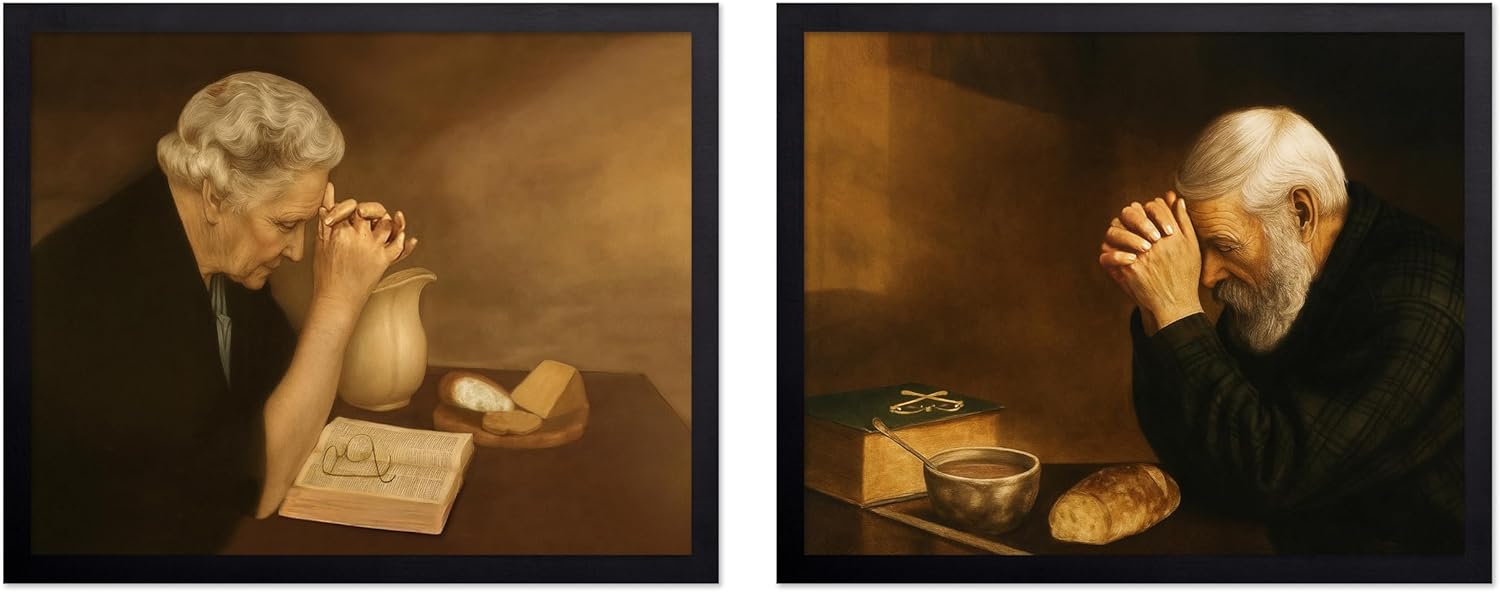 Poster Master 2-Piece Vintage Gratitude Poster - Daily Bread Print - Moody Art - Praying Wise Woman Over Bible Art - Religious Christian Illustration - Living Room or Kitchen Decor - 16x20 UNFRAMED Wall Display