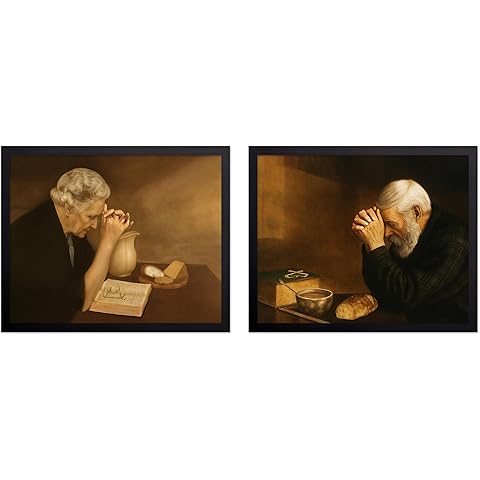 Poster Master 2-Piece Vintage Gratitude Poster - Daily Bread Print - Moody Art - Praying Wise Woman Over Bible Art - Religious Christian Art - Living Room or Kitchen Decor - 8x10 UNFRAMED Wall Art