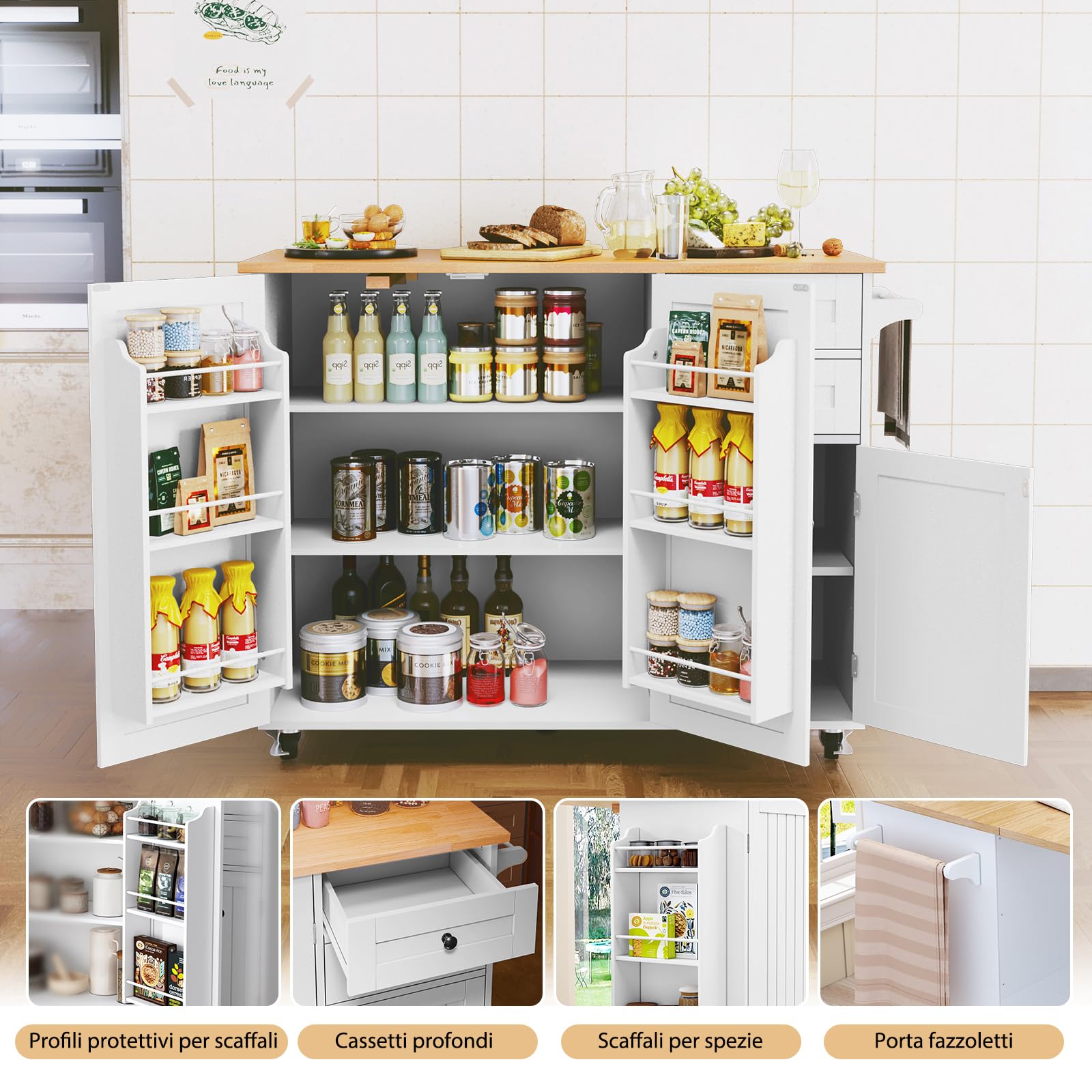 HOLTICO Isola da Cucina su Ruote con Piano in Legno di Gomma, Isola con Ripiani Regolabili, Cassetti e Portaspezie, Mobile Multifunzione, Bianco