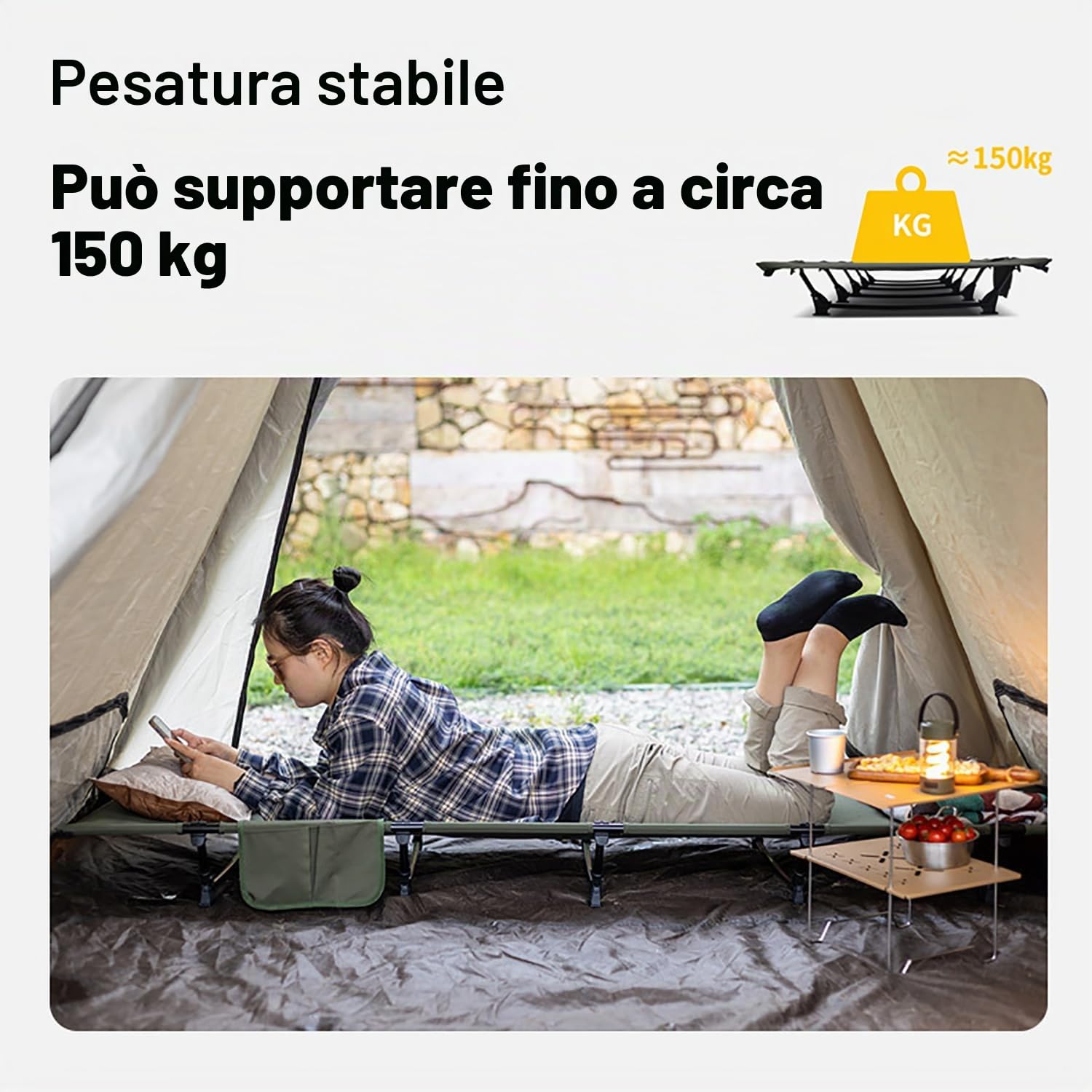 Letto da Campeggio，Ultraleggero Portatile, Brandina Pieghevole Campeggio, 192 x 65 x 16cm, Carico Massimo 150 kg, Adatto per Viaggi all'aperto, Campeggio e Facili Escursioni con Zaino