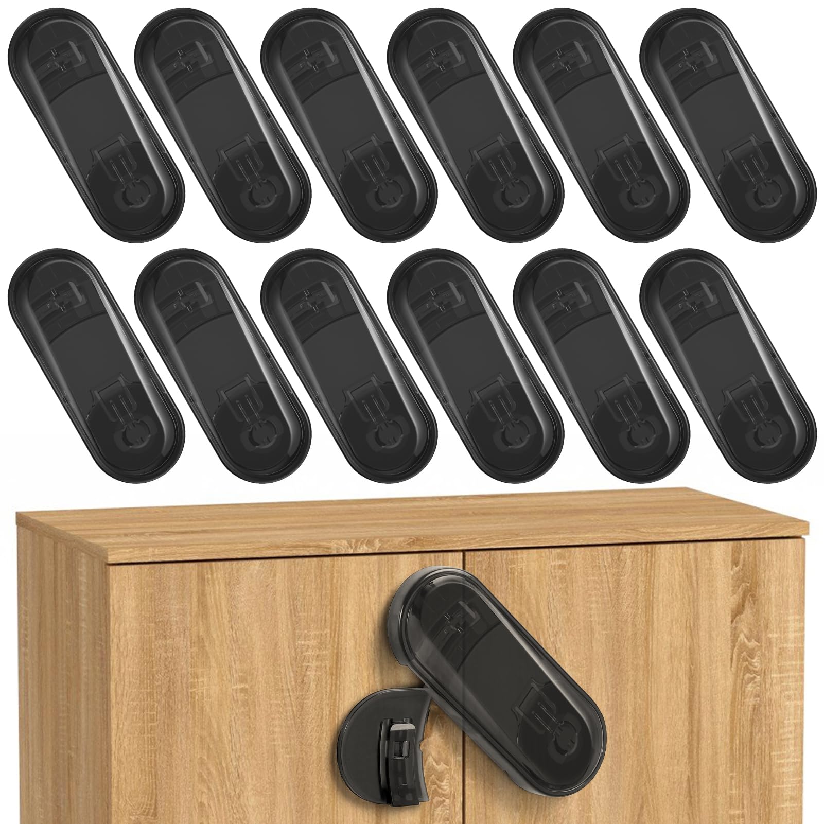 ECHOCUBE Kindersicherheits-Schrankschlösser, 12 Packungen Baby-Proofing-Schrankschlösser mit Klebstoff, Baby-Sicherheits-Kinderschlösser für Schränke, Schränke, Schubladen (Schwarz)