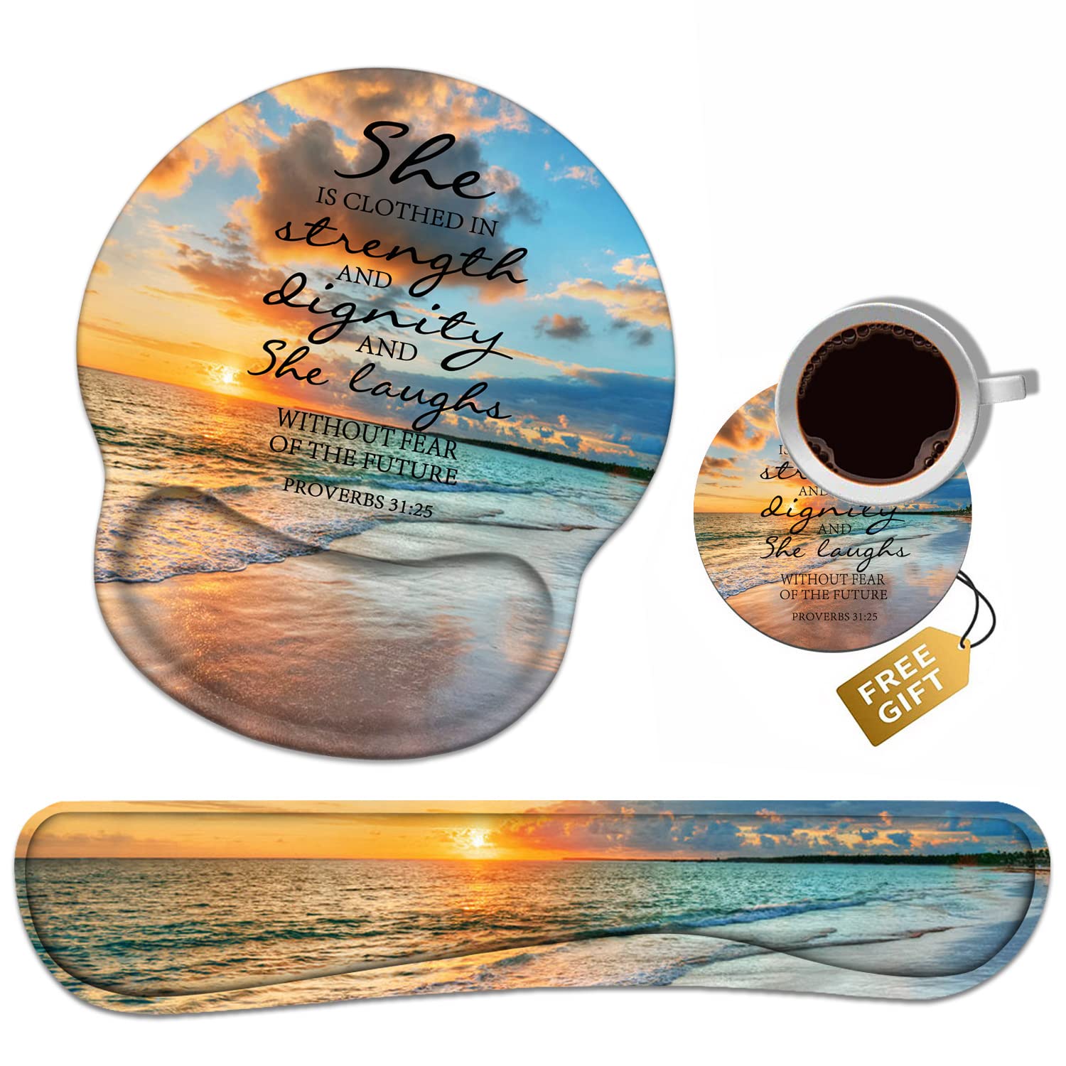 Keyboard Wrist Rest + Mouse Pad Wrist Support Set with Coasters, Non-Slip PU Base Ergonomic Mousepad for Home Office Working Studying Easy Typing &