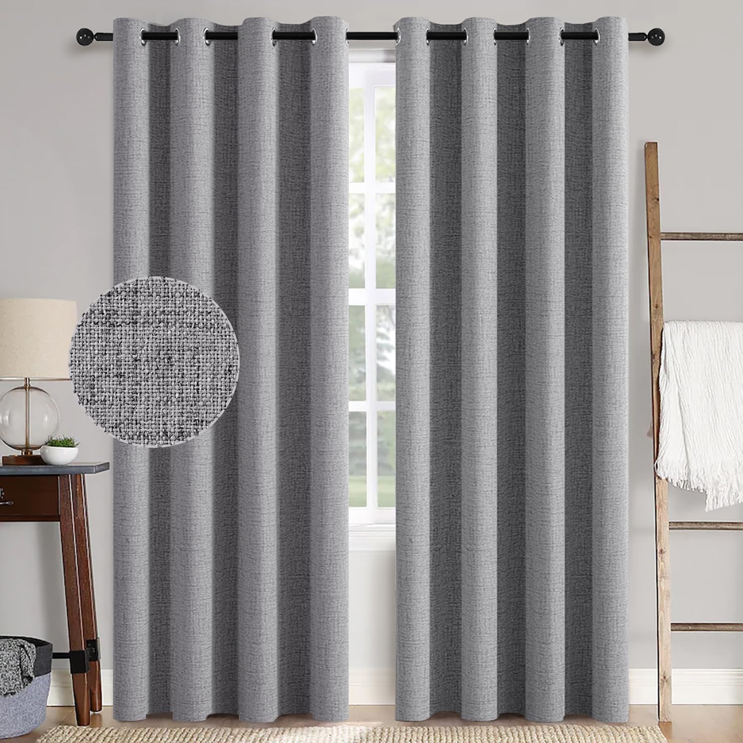 MIULEE Linen Texture Curtains for Bedroom Solid 100% Blackout Thermal Insulated Grey Curtains Grommet Room Darkening Curtains/Draperies Luxury Decor