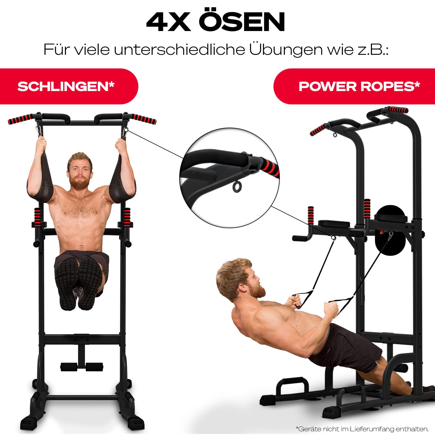 Sportstech Power Tower, multifunktionaler Kraftturm & Dip Station für Zuhause, Klimmzugstange, Liegestützgriffe, 4 Ösen für TRX & Schlingen, höhenverstellbare Dip Barren, Kraftstation für Calisthenics