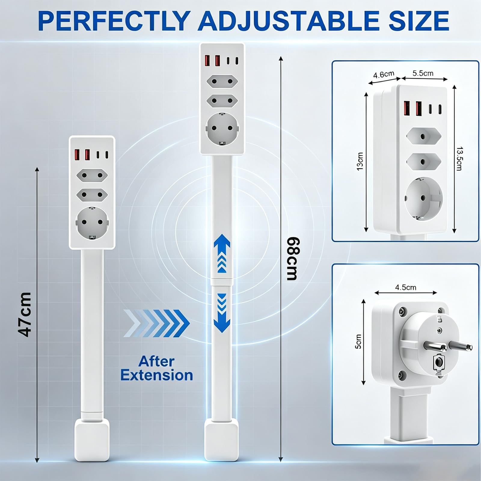 Prolunga estensibile (47-67 cm), con funzione girevole, 3 prese + 2 USB-A + 2 USB-C, orientabile a 360°, per soggiorno, scrivania, camera da letto