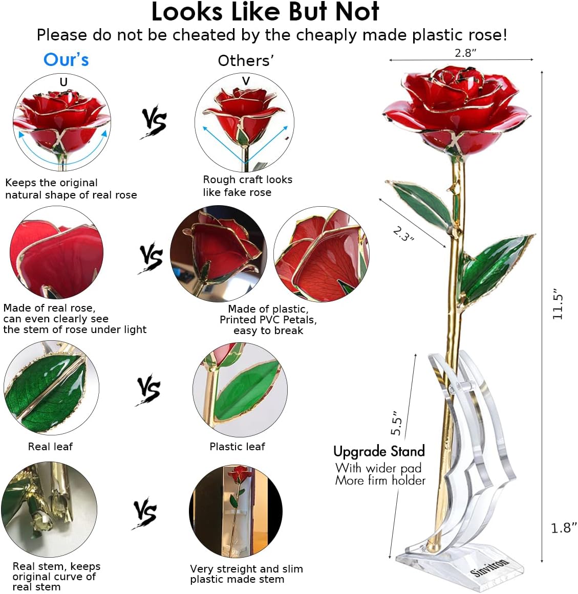 Sinvitron Gold Dipped Infinity Rose - Eternal Resin-Preserved Rose | Forever Flower Decor for Birthdays, Mother’s Day, Anniversaries | Unique Gift for Women, Mom, Wife (Red) - Image 3