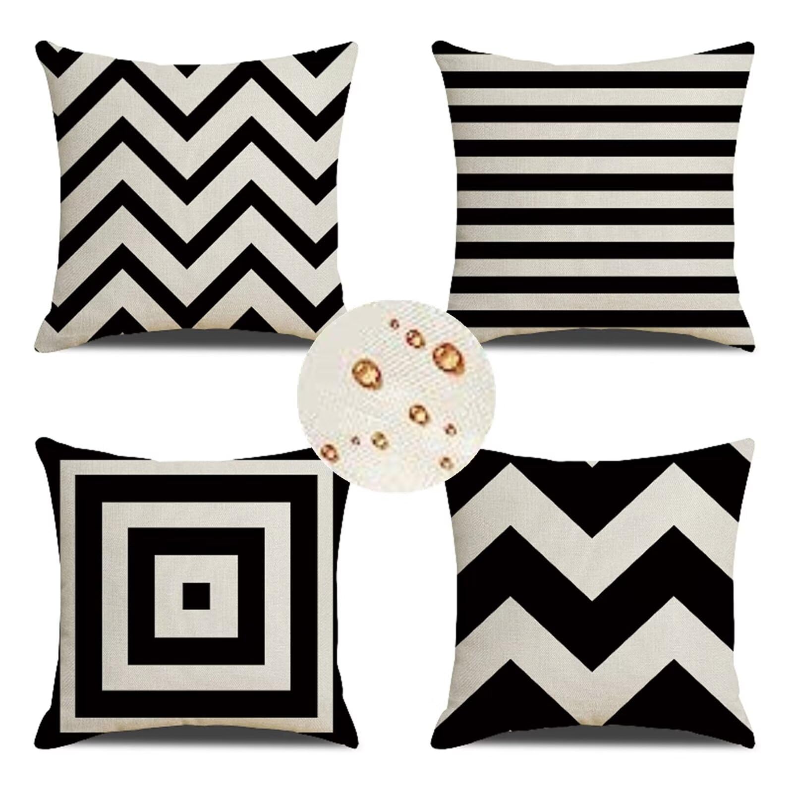 Outdoor Wetterfest Kissenbezug 70x70 cm 4er Set Schwarz Kissenbezüge Weiss Outdoor Kissen Wasserdicht Leinen Sofakissen Dekokissen für Garten Couch Terrasse Bank Stuhl Outdoor Heimdekoration Geschenke