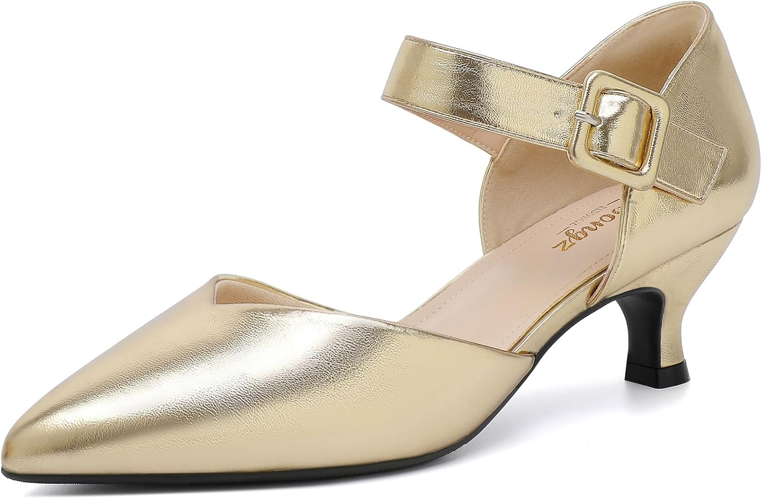 RIBONGZ Comfortable Kitten Heels for Women Pointed Closed Toe Ankle Strap Buckle Heels Slip on Low Heel Church Pumps Wedding Bridal Party Dressy Shoes