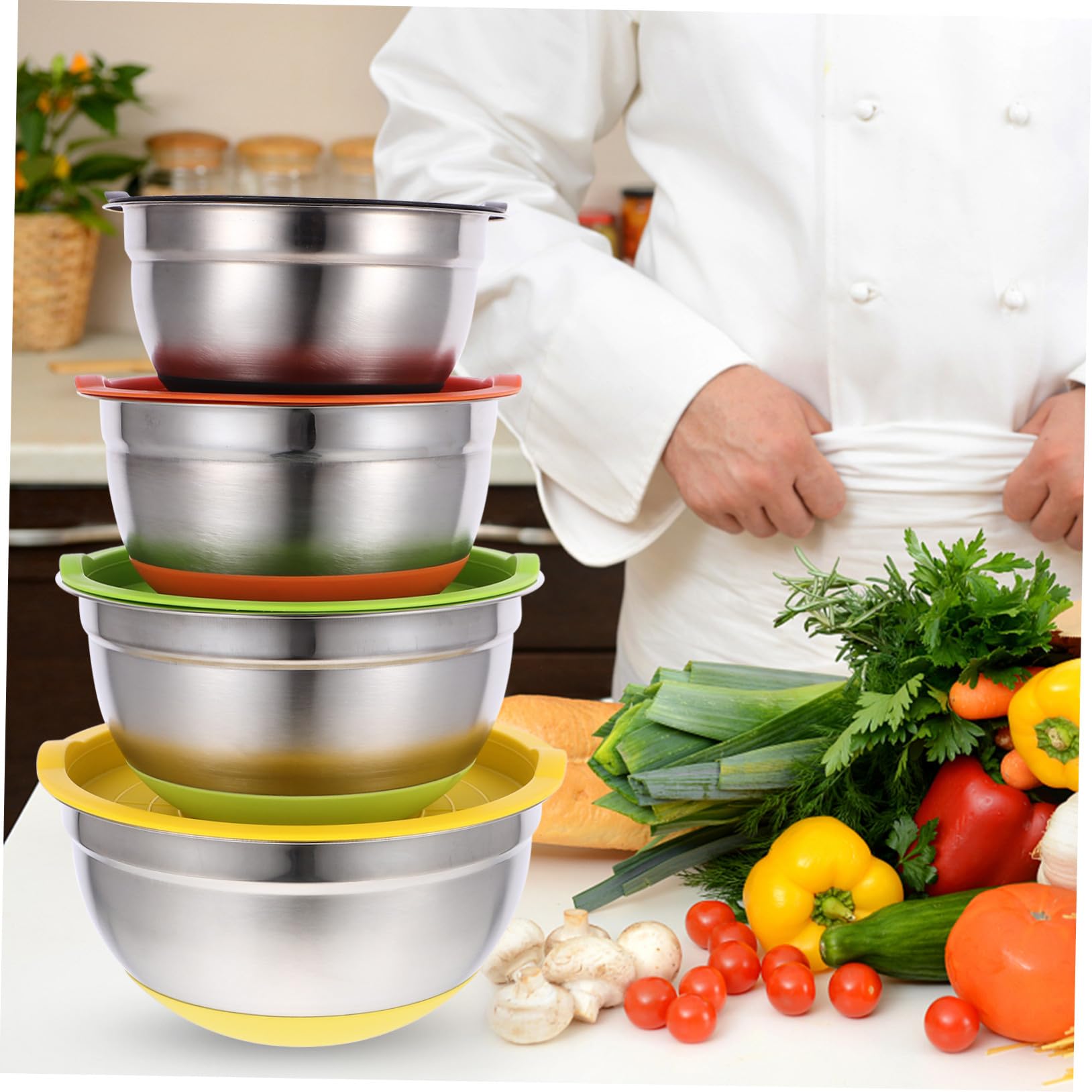 DOITOOL 4 Stück Edelstahlschüssel Schalen aus Edelstahl für Backen mit Deckel Salat Schüssel Gemüse Schüssel Speise Nudel Multifunktionale Küche Salat Zubehör Wiederverwendbare