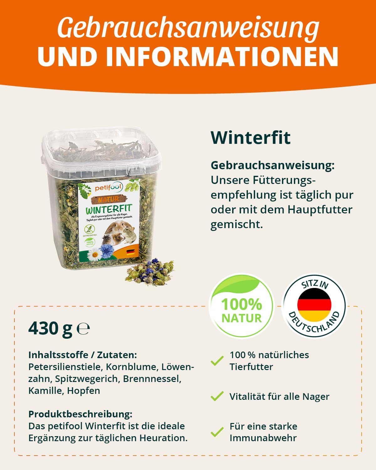 petifool Winterfit 430 g – karma uzupełniająca dla gryzoni – naturalna karma dla królików, świnek morskich, chomików, szynszyli i wielu innych, bez sztucznych dodatków, 100% naturalna, odpowiednia dla