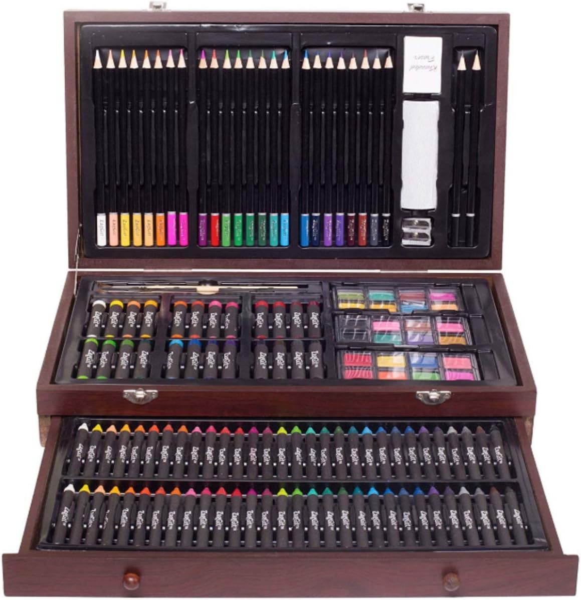 ZagGit 143 Piece Deluxe Art Supplies Set in Portable Wooden Case | Crayons, Oil Pastels, Colored Pencils, Watercolor Cakes, Sharpener, Sandpaper & Much More!