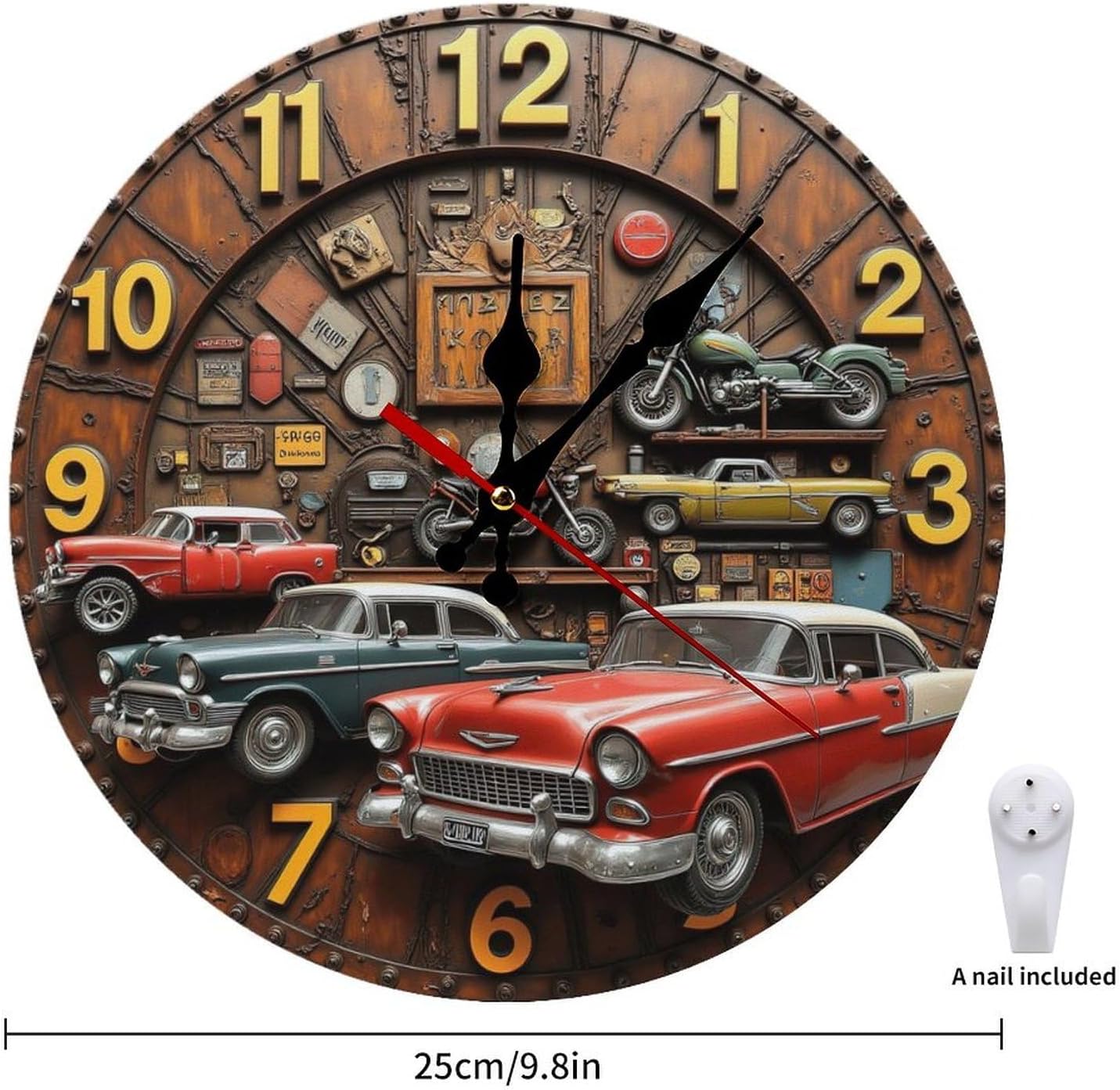 Classic Cars Clock Decor 2D-gigapixel-standard-width-3000px Wall Clock, Silent Non Ticking Battery Operated, Clock Decorative for Home Kitchen Living Room Office Bathroom Bedroom(10 Inch)