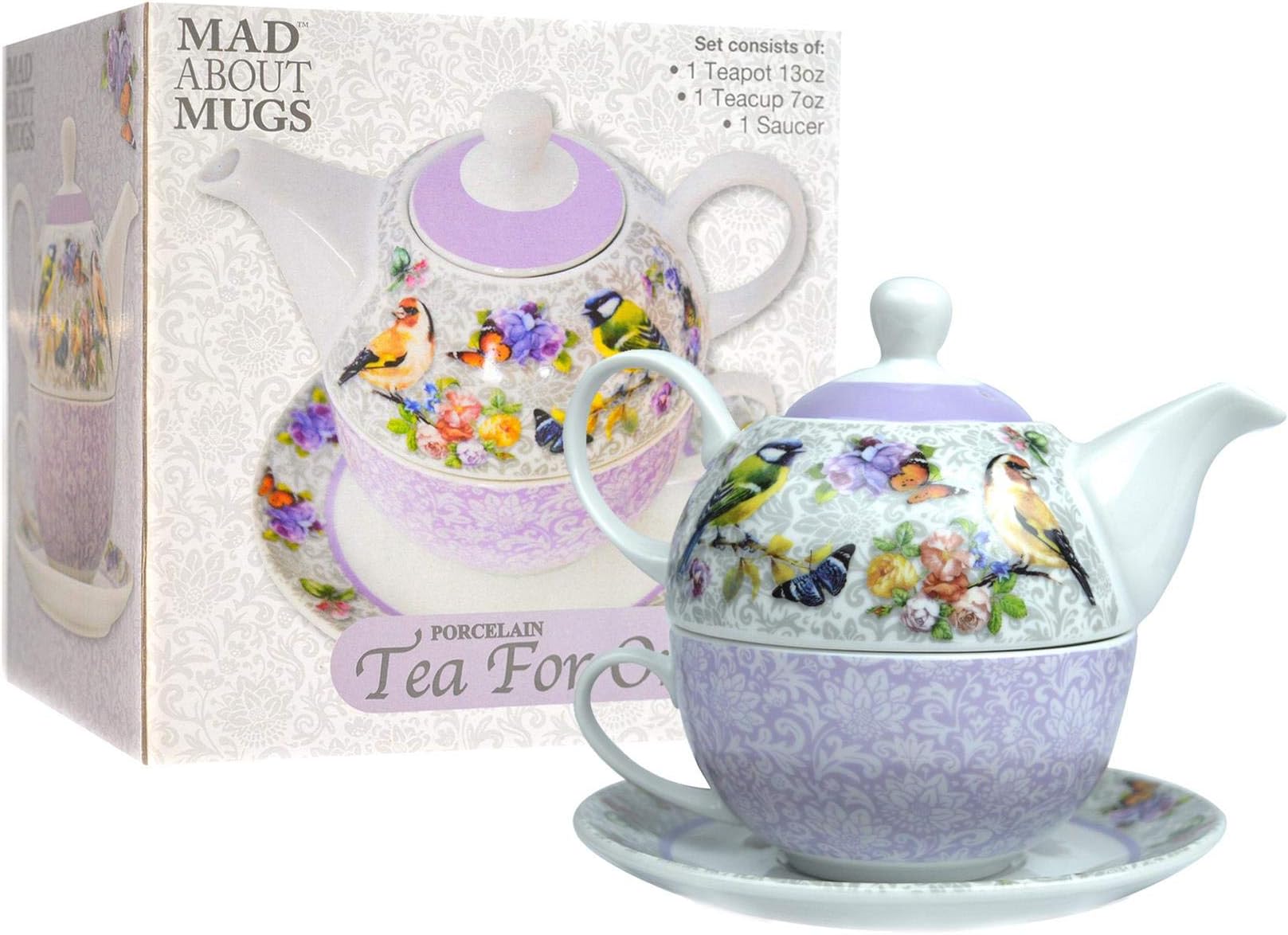 Mad About Mugs Tea For One Set Teapot Saucer Cup Tea Coffee Floral Birds Lilac White Porcelain