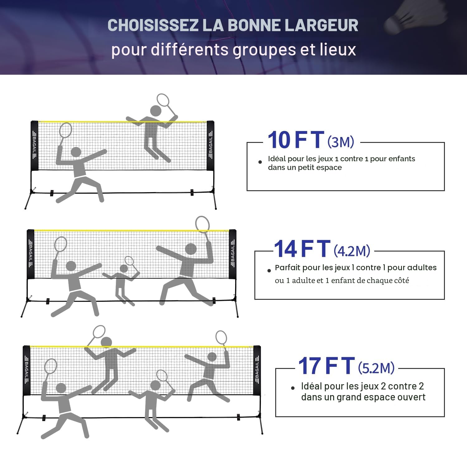 Filet de Badminton, Filet en Nylon Pliable, Support réglable en Hauteur et Sac à Main Portable, Facile à Assembler ou à démonter, idéal pour Le Tennis, Le Badminton pour Enfants ou Le Volley - Ball