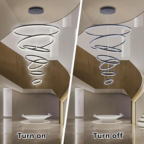 Miniatura 6 de Candelabro de 7 anillos, lámpara LED negra de 39.37 pulgadas, 7 anillos, lámpara moderna de techo alto más grande para vestíbulo, lámpara LED