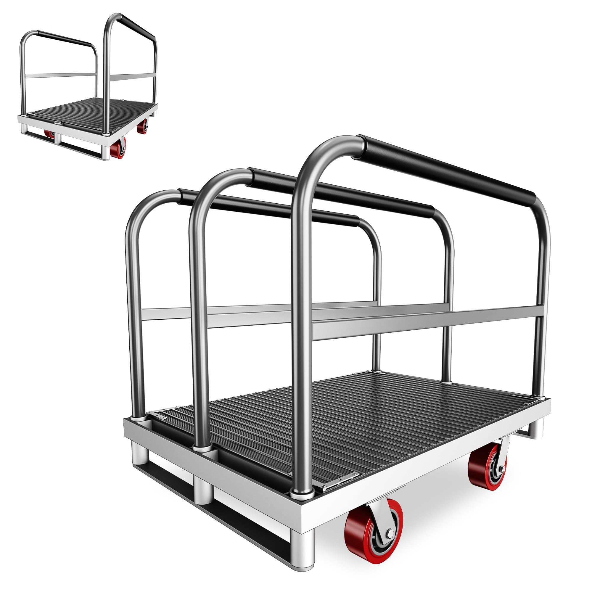 2IN1 Heavy Duty Panel Truck, 36" x 24" Platform Cart w/Rubber Mat & 3 Handrails, 2600 lbs Capacity Drywall & Lumber Cart, Flatbed Cart w/2 Swivel Casters, All-Steel Hand Truck Push Cart