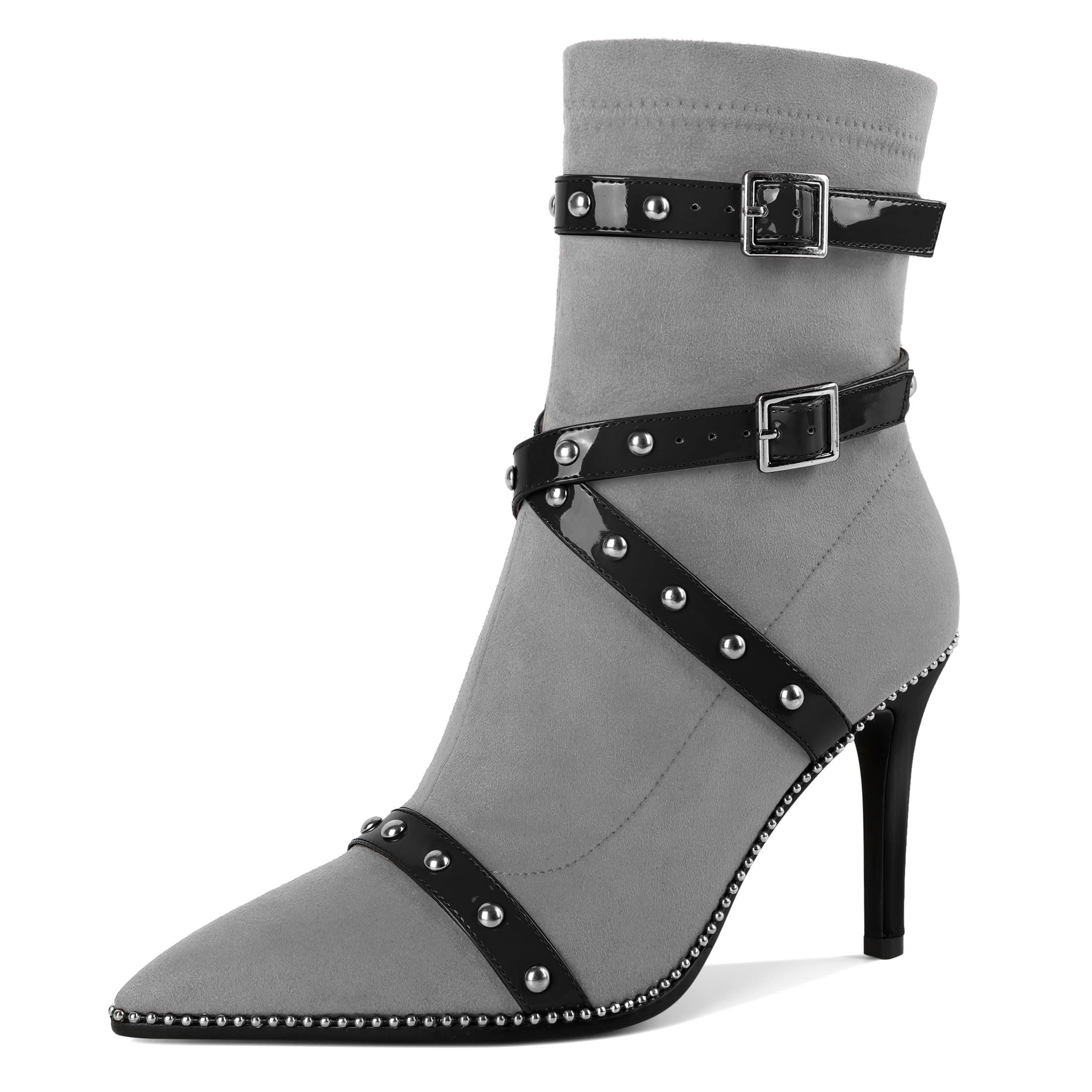 Joseywade Womens Ankle Booties 3.5 Inch Heel Stiletto Boots Beaded Studded Pointed Toe Side Zipper Suede Size 5-13