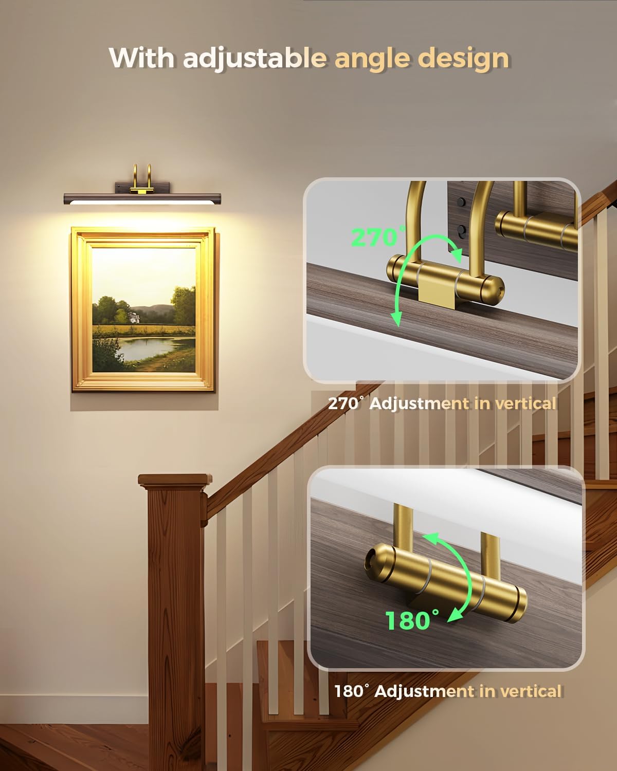 Picture Light,15.7″ Wireless Battery Operated Rechargeable LED Wall Light with Remote,Dimmable Art Light with Timer,Adjustable Design,Wood Grain and Gold Finish for Frames,Paintings and Bedroom Decor