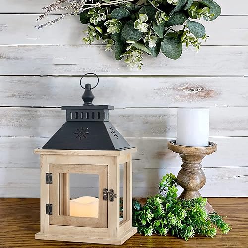 Miniatura 6 de NEEDOMO Farol de vela de madera de 13 pulgadas para interiores, centro de mesa grande decorativo al aire libre, candelabros rústicos colgantes para