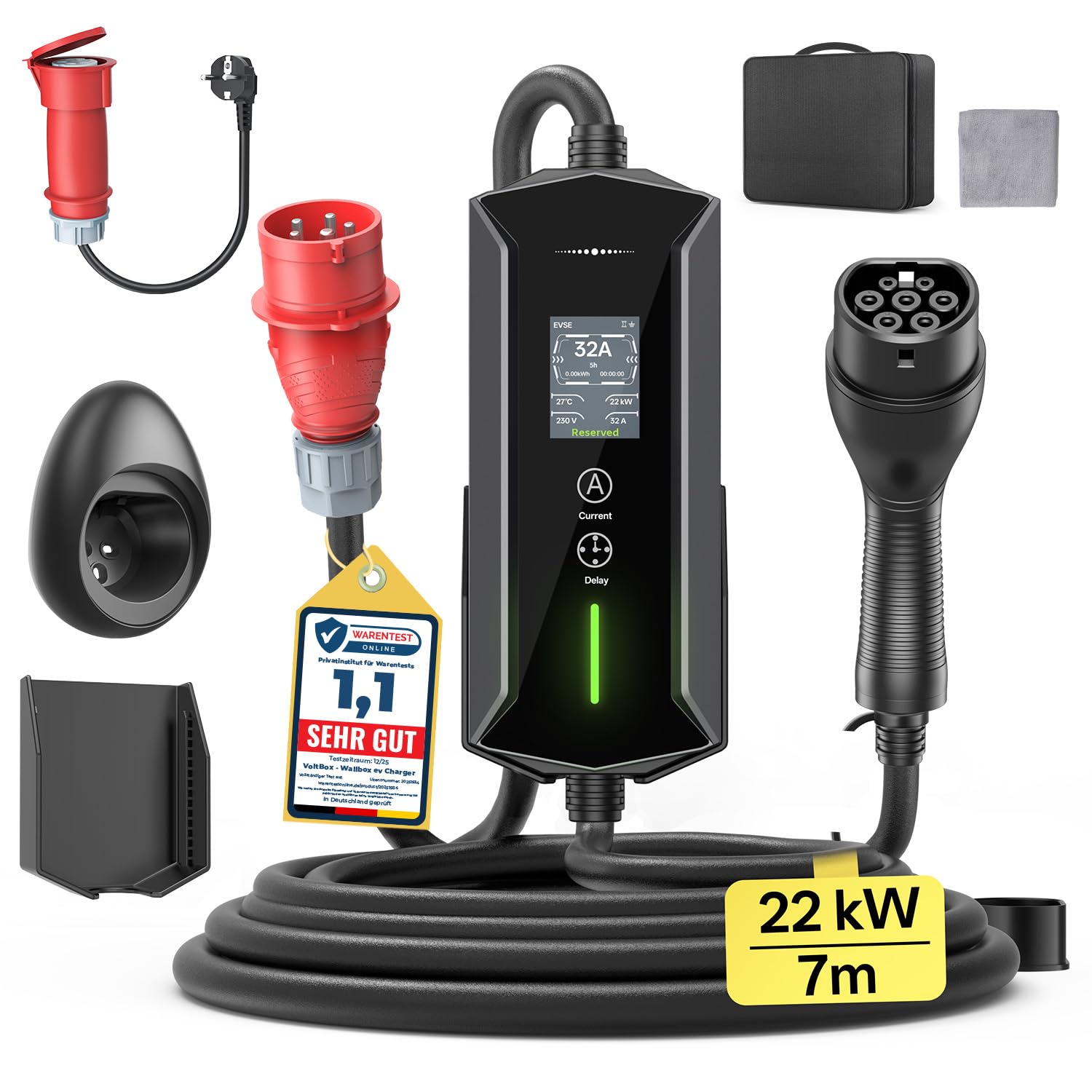 Mobile Wallbox Typ 2 Ladekabel 22kW - 7m|6-32A|3-phasig EV Ladegerät Wasserdicht mit Einstellbarer Ladeleistung, Einstellung Startzeit, CEE 32A auf Typ 2 Ladekabel, für Allen EVs(IEC 62196-2) & PHEVS