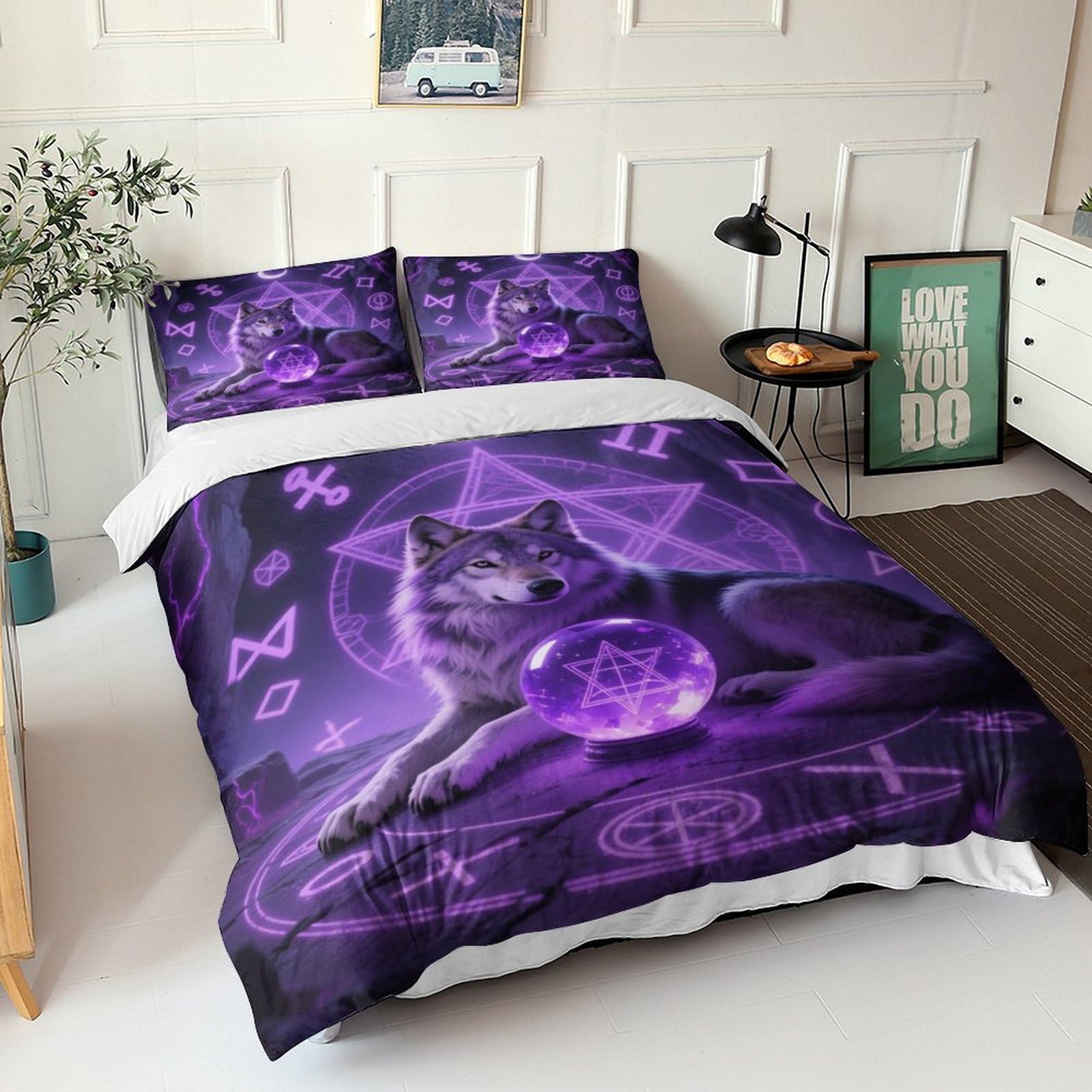 Lunar Tarot Wilk Pościel z mikrofibry Oddychająca mistycyzm Zwierzę Pokrowiec na kołdrę Poszewki King (220 x 240 cm)