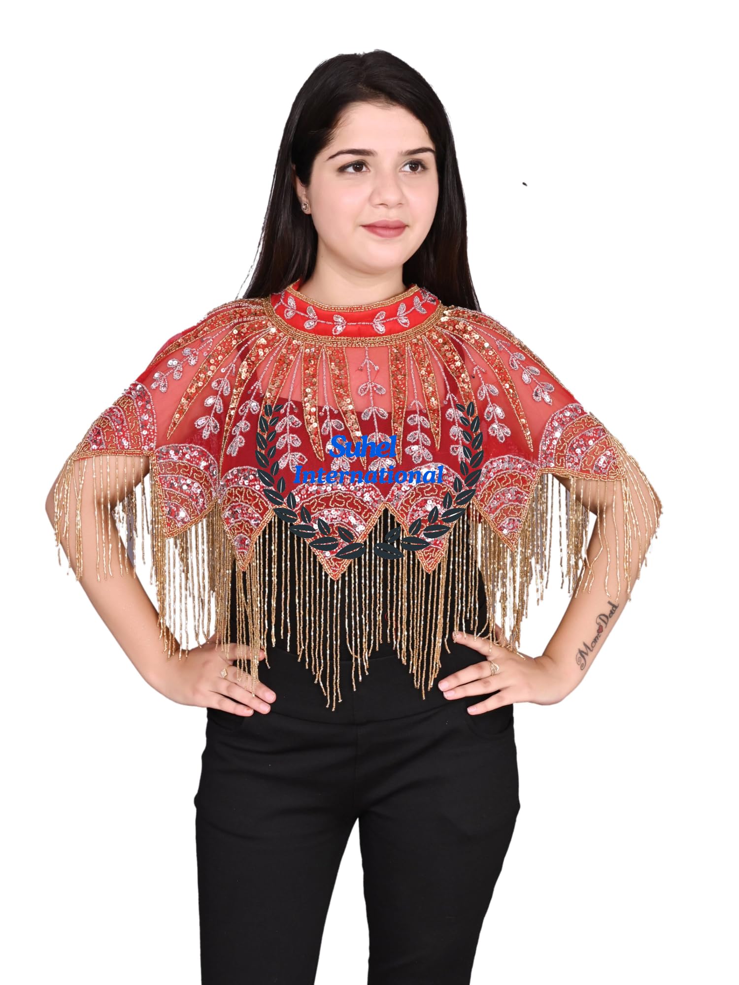 Women's Net Poncho Stylist Beautiful Hand Bead Embroidery Designer Short Cape Shrug Poncho Red Golden Mix-image-19
