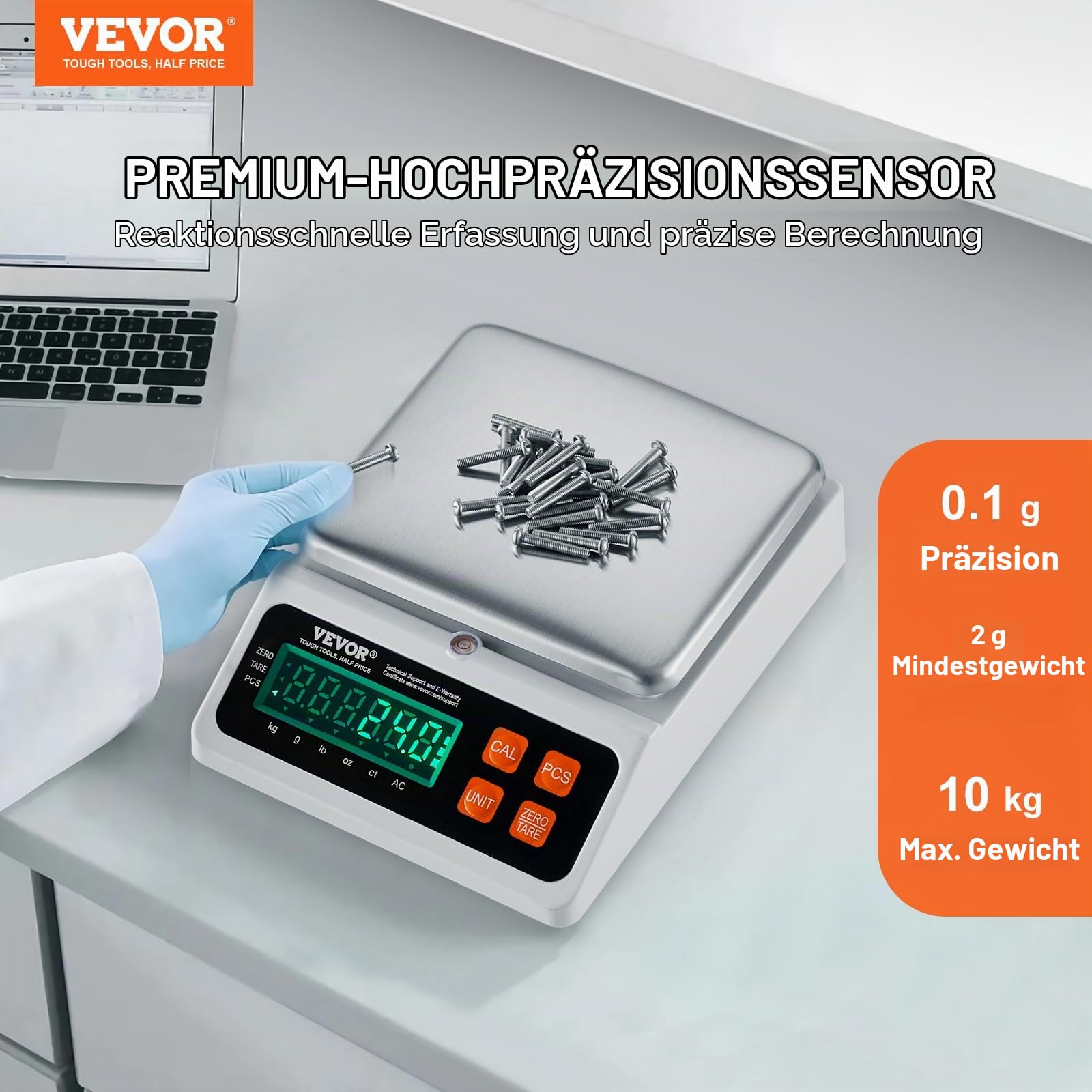 VEVOR Industrielle Zählwaage, 10 kg x 0,1 g, digitale Waage für Teile und Münzen, g/kg/lb/oz/ct-Einheiten, elektronische Präzisionswaage, Inventarzählwaage, Küchenschmuckzählwaage mit LED-Bildschirm