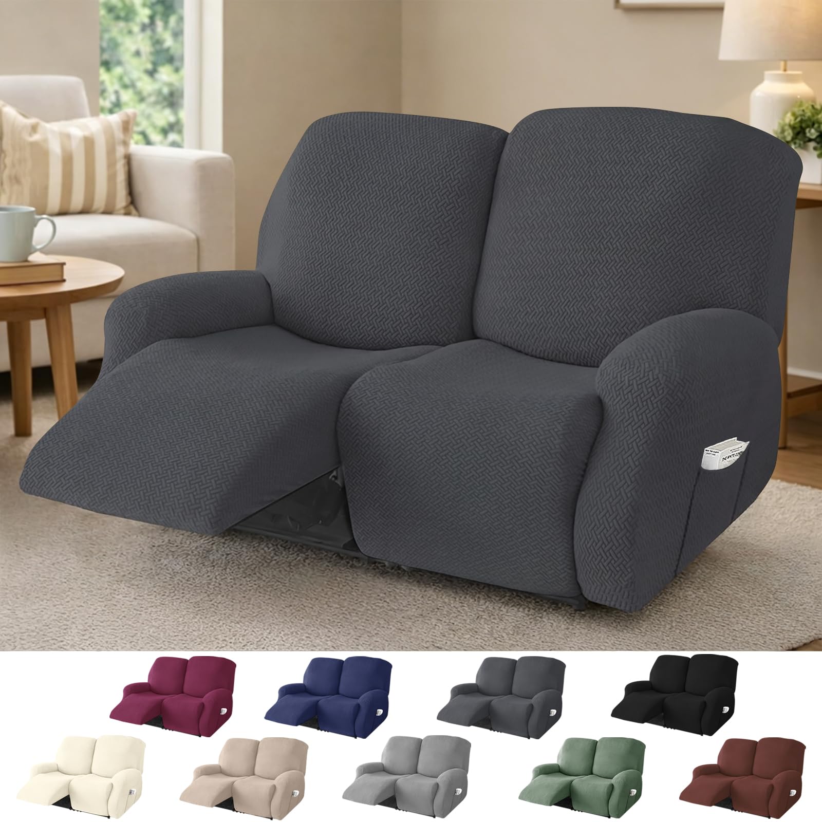 Funda Sillon Relax Reclinable 2 Plaza, Funda Sofa Relax con Bolsillos, Fundas Elástica de Jacquard a Rayas Diseño Todo Incluido para Sillón Reclinable (Gris Oscuro)