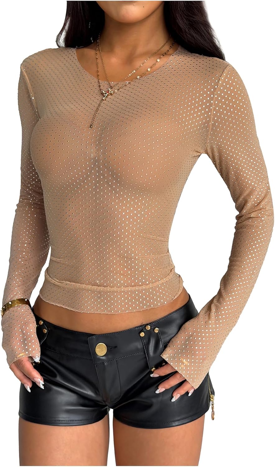 SHENHE Women's Diamond Mesh Sheer Tops Long Sleeve Y2k Slim Fit Party Rhinestone Top
