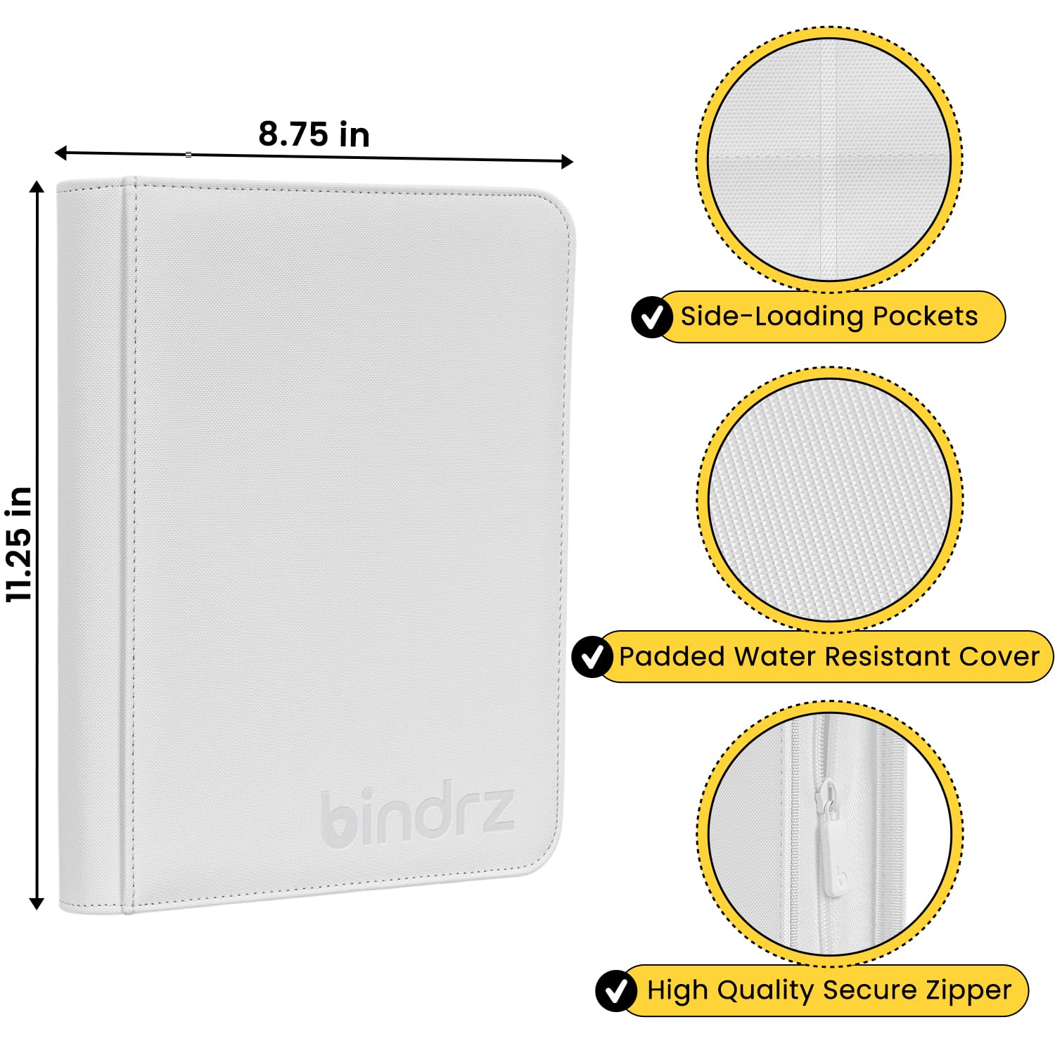 bindrz Classeur 4 poches 112 à ouverture par le haut (tout blanc) | Peut contenir 112 toploaders, format de voyage, poches latérales pour cartes CCG, TCG, MTG et cartes de sport dans des
