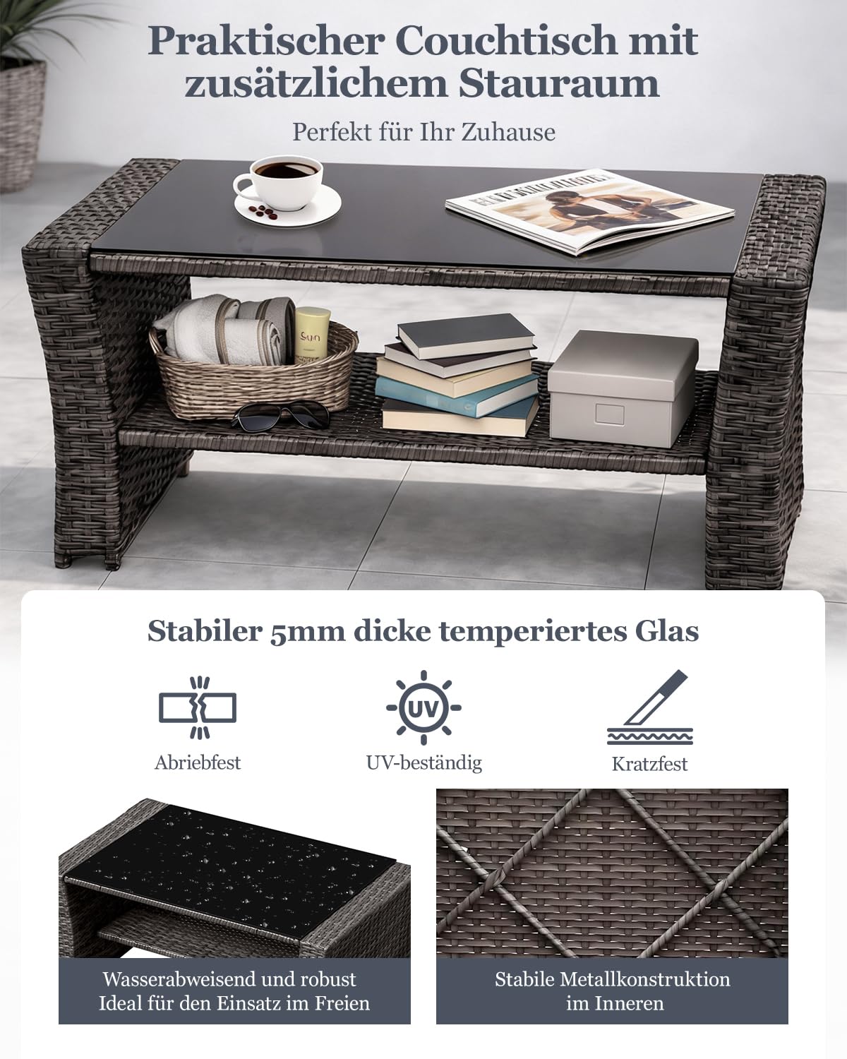 Atenza Polyrattan Gartenmöbel Set 4-teilig, Balkonmöbel Lounge Sitzgruppe | Wetterfeste Terrassenmöbel für 4 Personen, Glastisch mit praktischem Stauraum, waschbare Kissenbezüge mit Reißverschluss