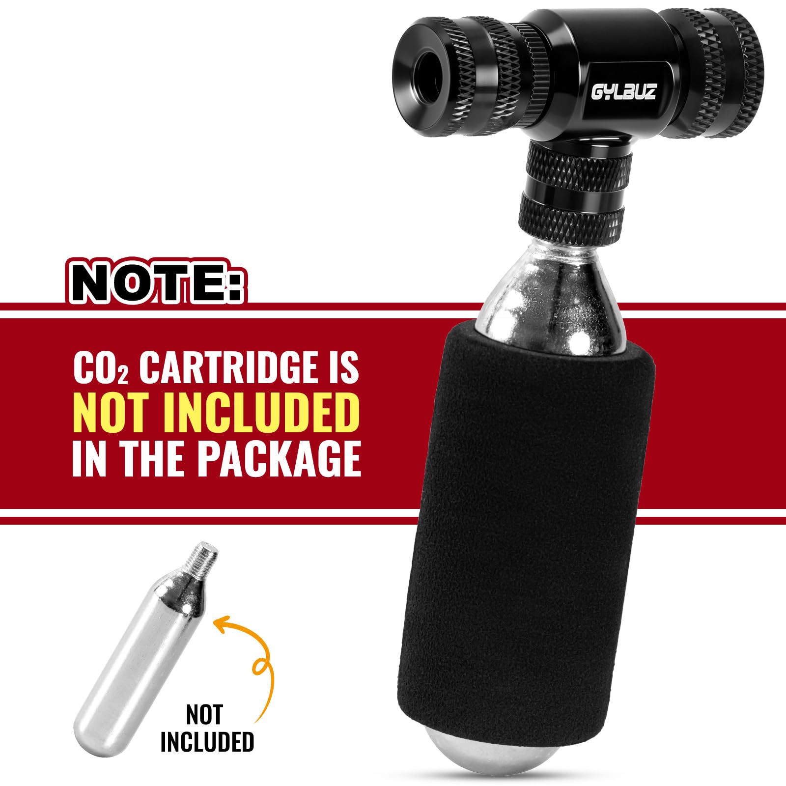 Gylbuz CO2 Bike Tire Inflator: Presta and Schrader Valve Compatible Portable Co2 Bicycle Pump with Insulated Sleeve for Road and Mountain Bikes -No CO2 Cartridges Included, Quick & Easy/Black