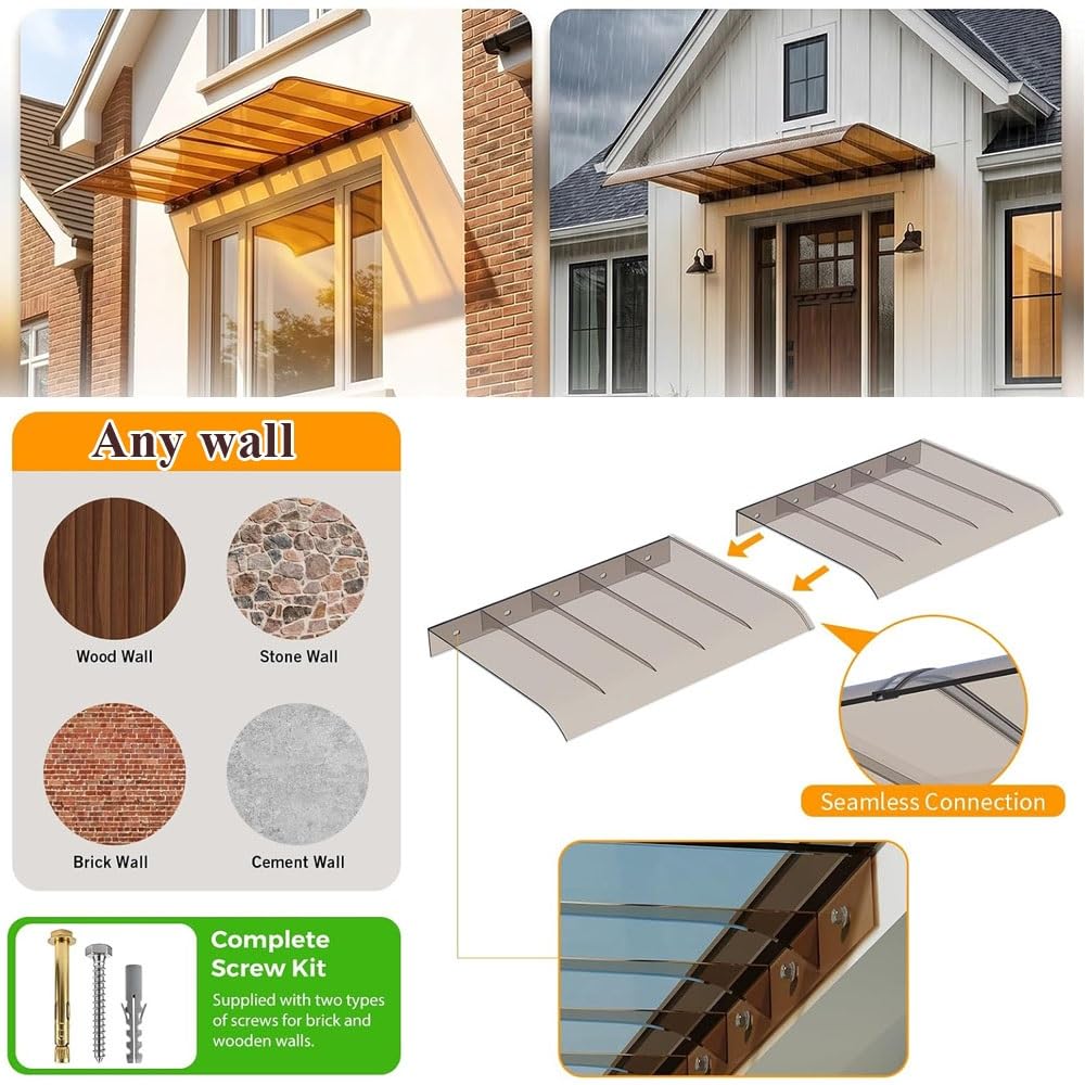 Marquise De Porte Exterieur, Auvent De Porte D'Entrée Invisible | Auvent Pour Porte D'entrée Polycarbonate Transparent, Toit Abri Contre La Pluie Pour Terrasse(Clear,40x150cm/16"x59")