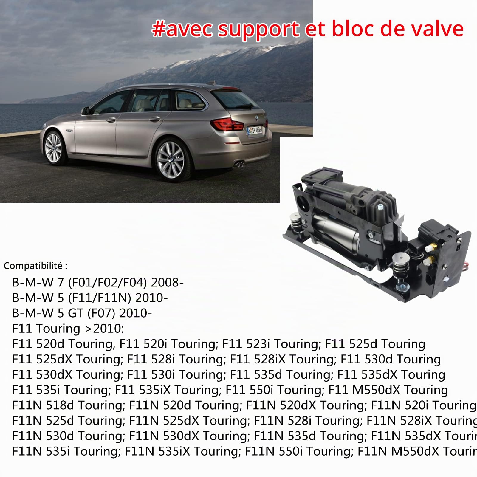 Pompe de compresseur à suspension pneumatique avec support et bloc de vannes Compatible avec les séries B-M-W 5 7er F07 GT F11 F01 F02 F04 37206784137 37206789165