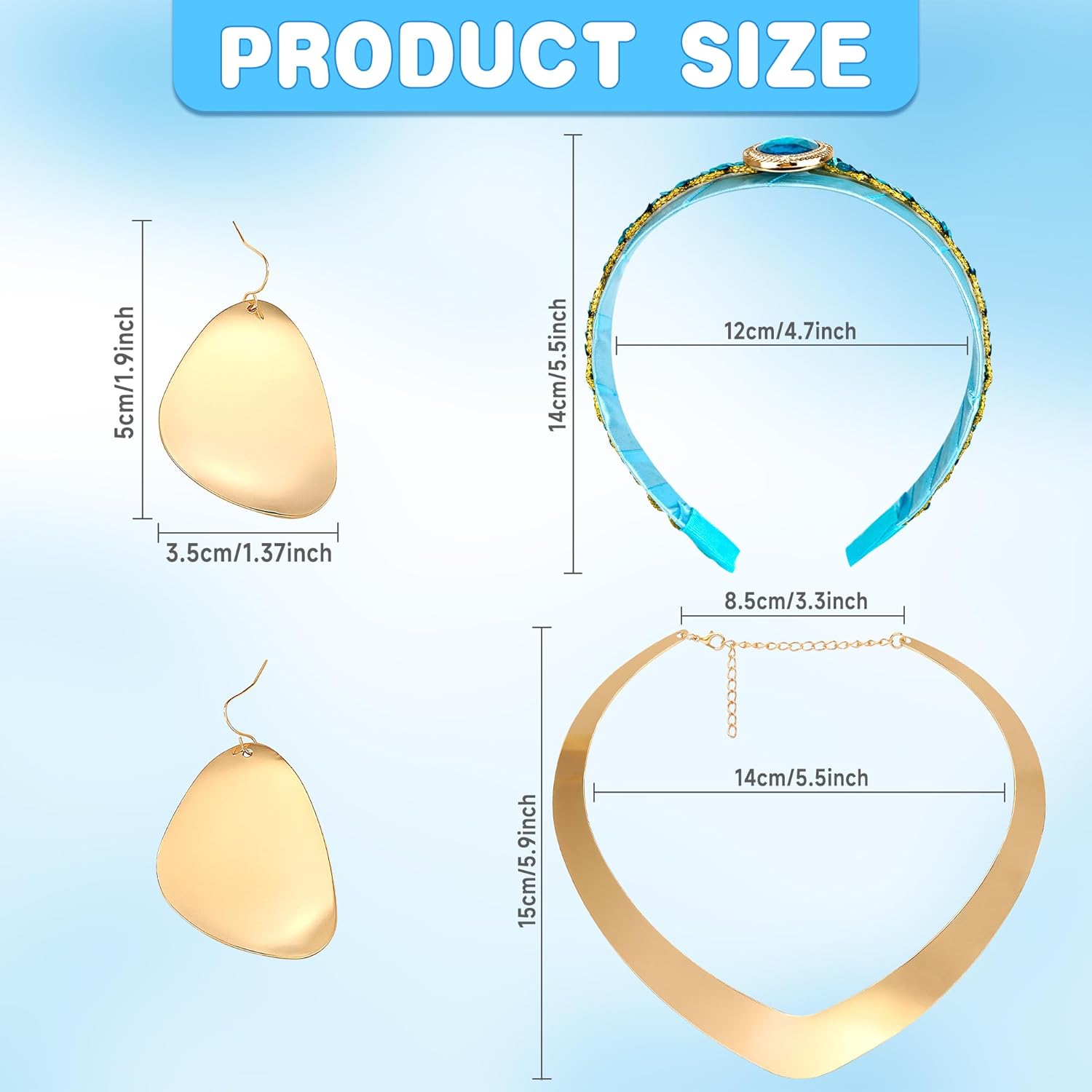 Horolam Arabian Princess Costume Accessories, Arab Princess Accessories Set with Princess Headband Gold Chunky Choker Necklace Earrings for Women for Halloween Cosplay (4PCS) - Image 2