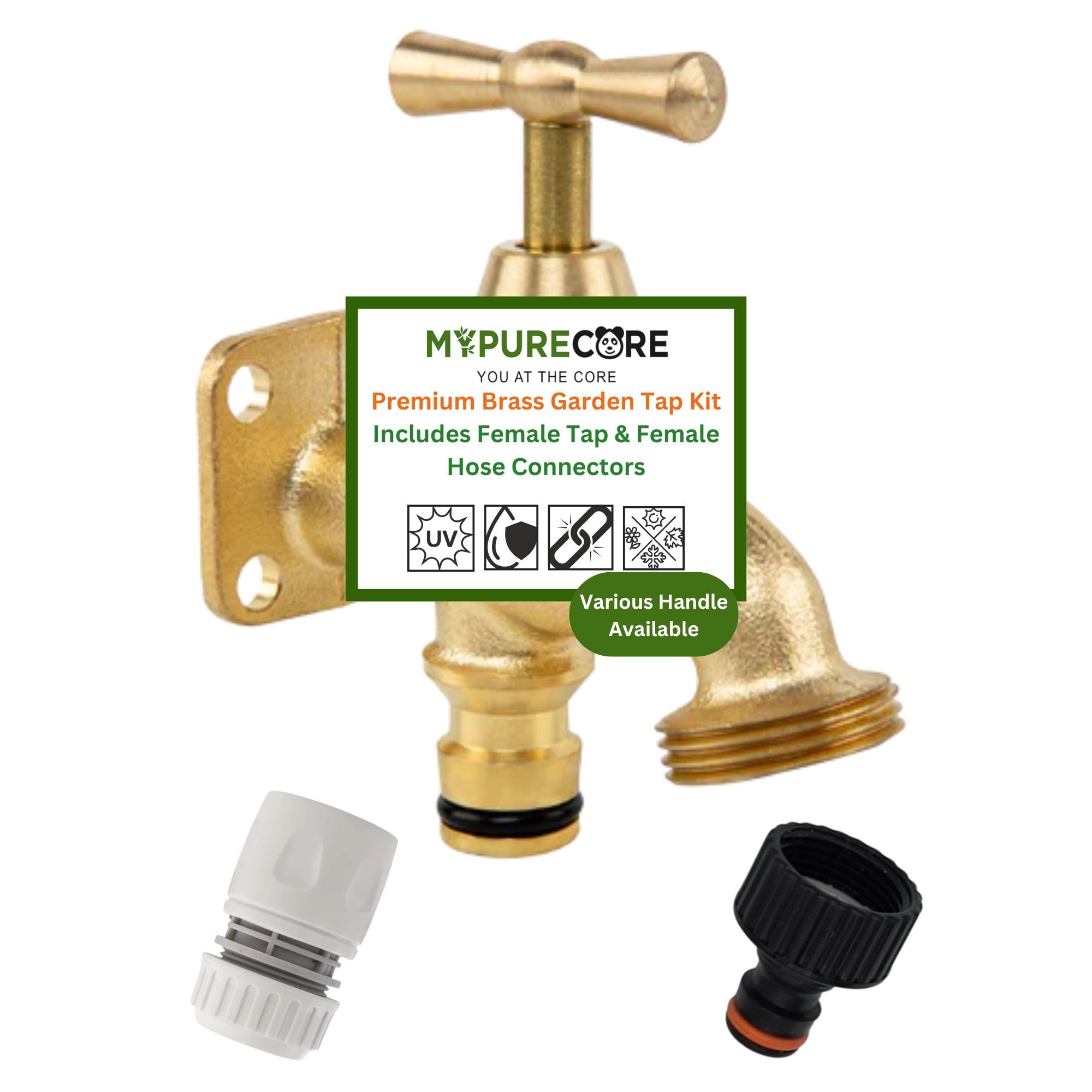 MYPURECORE Brass Garden Tap Kit with Hose Connectors – 3/4" BSP Outdoor Bib Tap, Female Tap Connector & Female Hose Connector, Quick Connect Water Tap Set for Garden & Irrigation (Classic Handle)